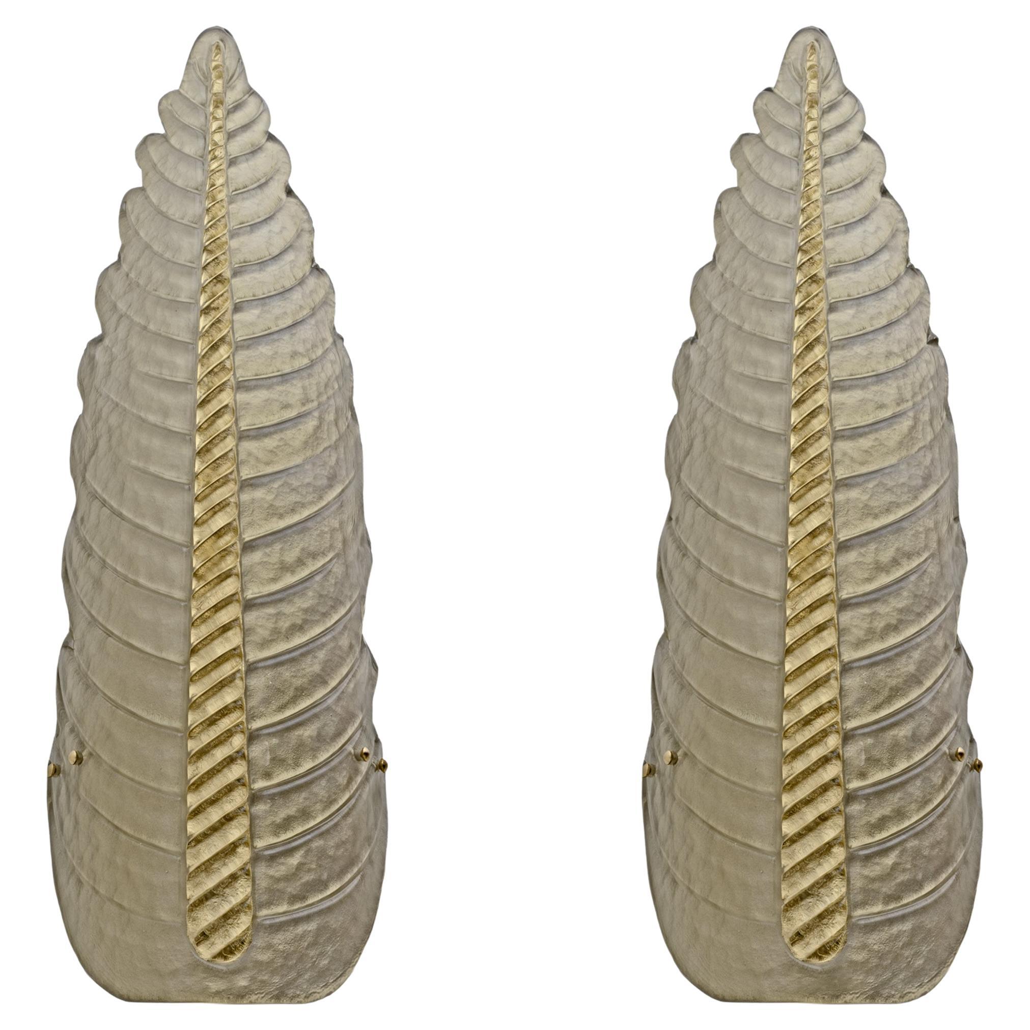 Pair of Mid-Century Modern Murano Glass Gold Yellow Big Leafs Sconces For Sale
