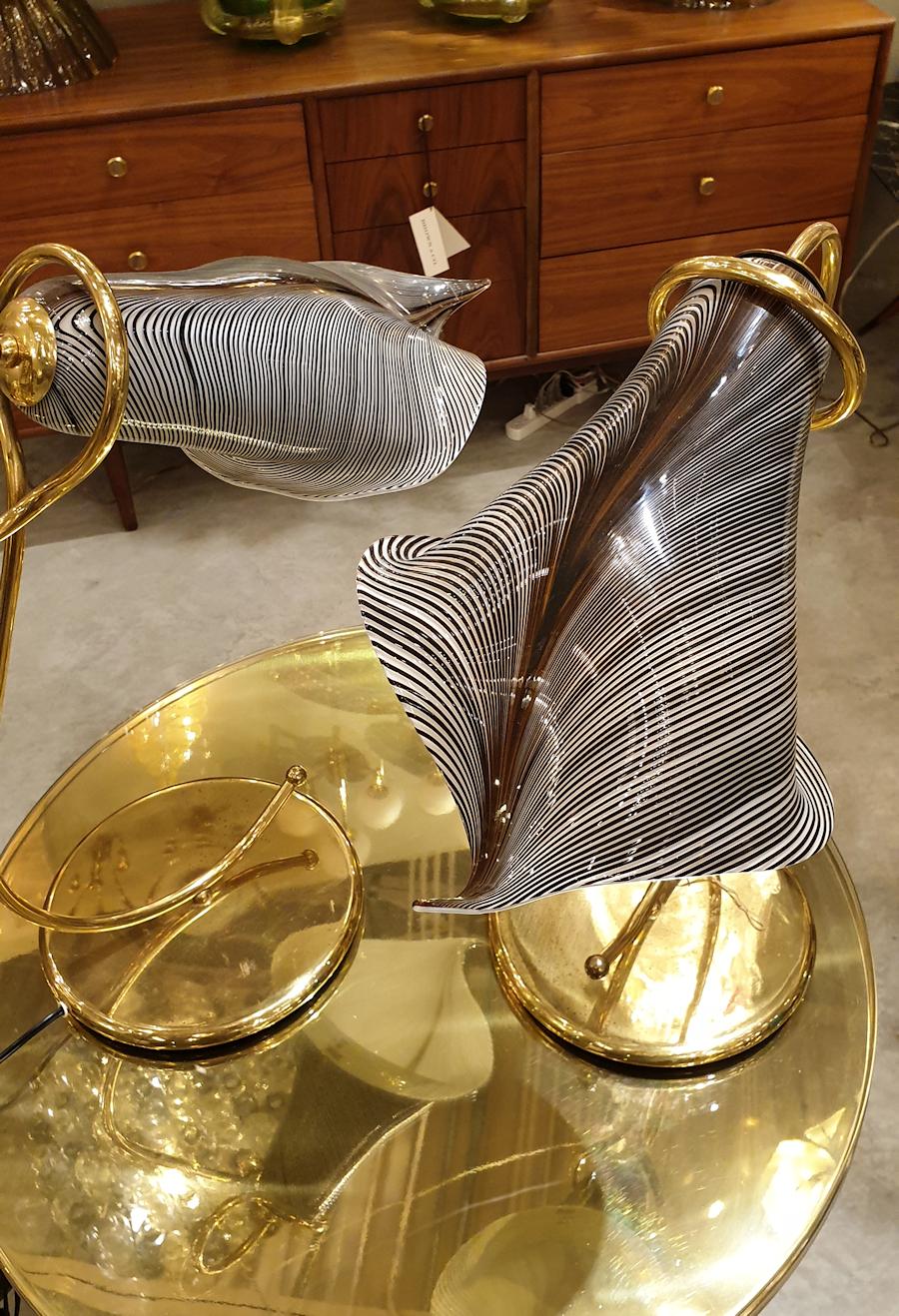 Italian Pair of Mid-Century Murano Glass & Brass Organic Lamps, Art Nouveau Style, Italy