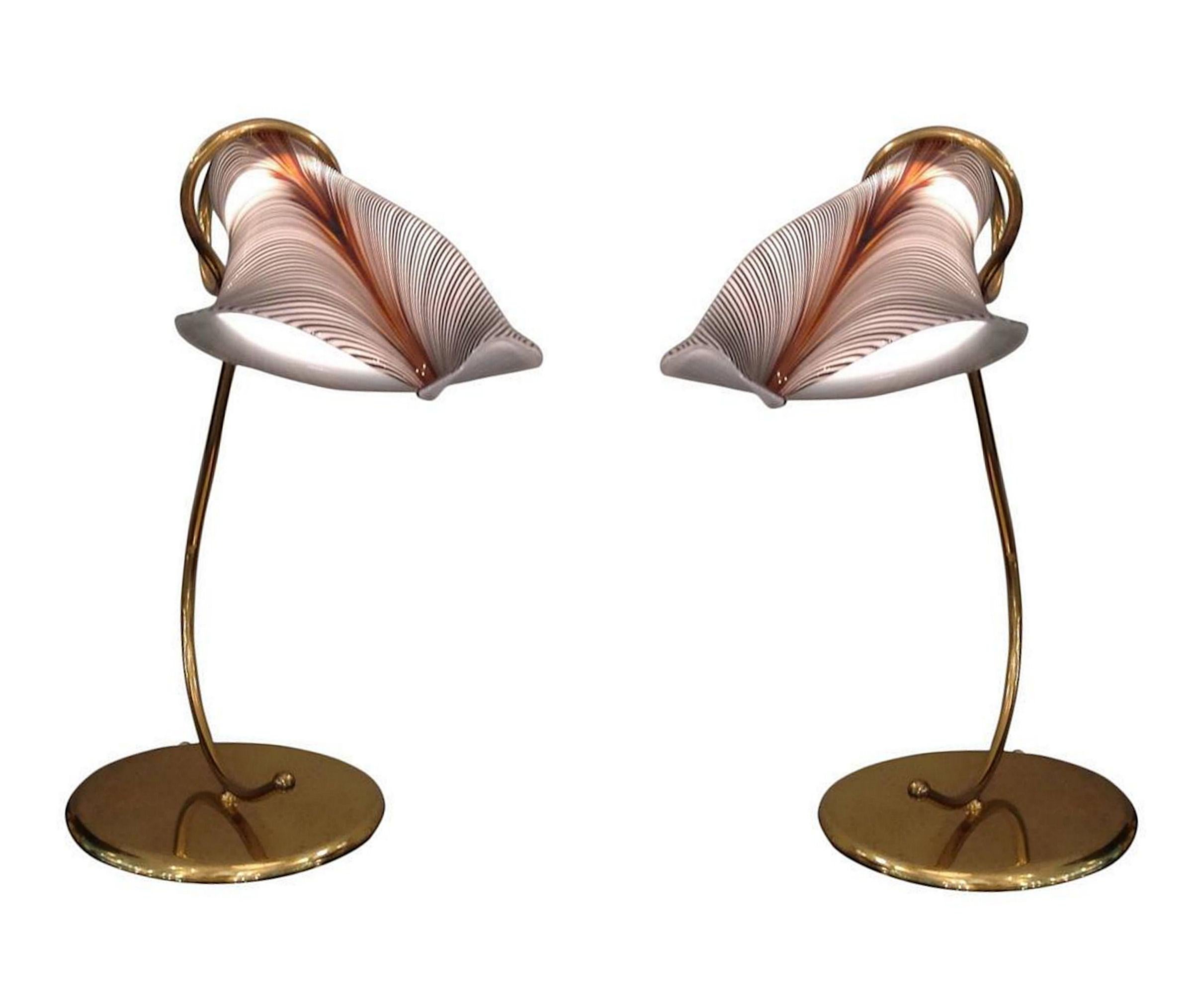 Pair of Mid-Century Modern brass and murano glass shades table lamps, Italy 1960s.
With a handmade murano glass Calla Lily white & brown lines shade, nesting the light, and creating a warm translucent light,
For this pair of vintage Italian