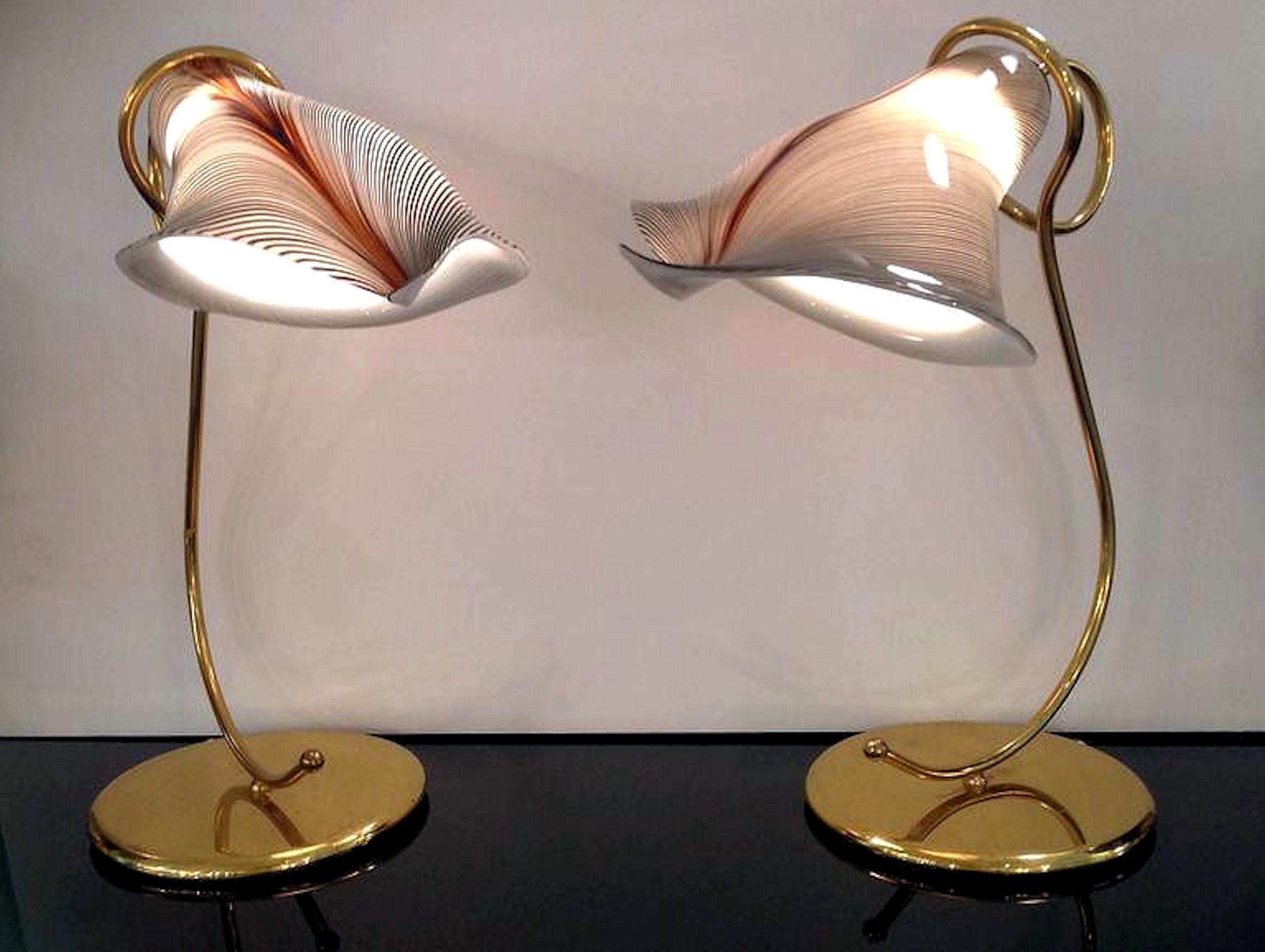 Mid-Century Modern Pair of Mid-Century Murano Glass & Brass Organic Lamps, Art Nouveau Style, Italy