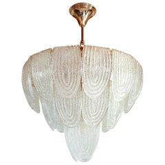 Pair of Mid-Century Modern Murano Glass & Plated Gold Chandeliers Mazzega Style