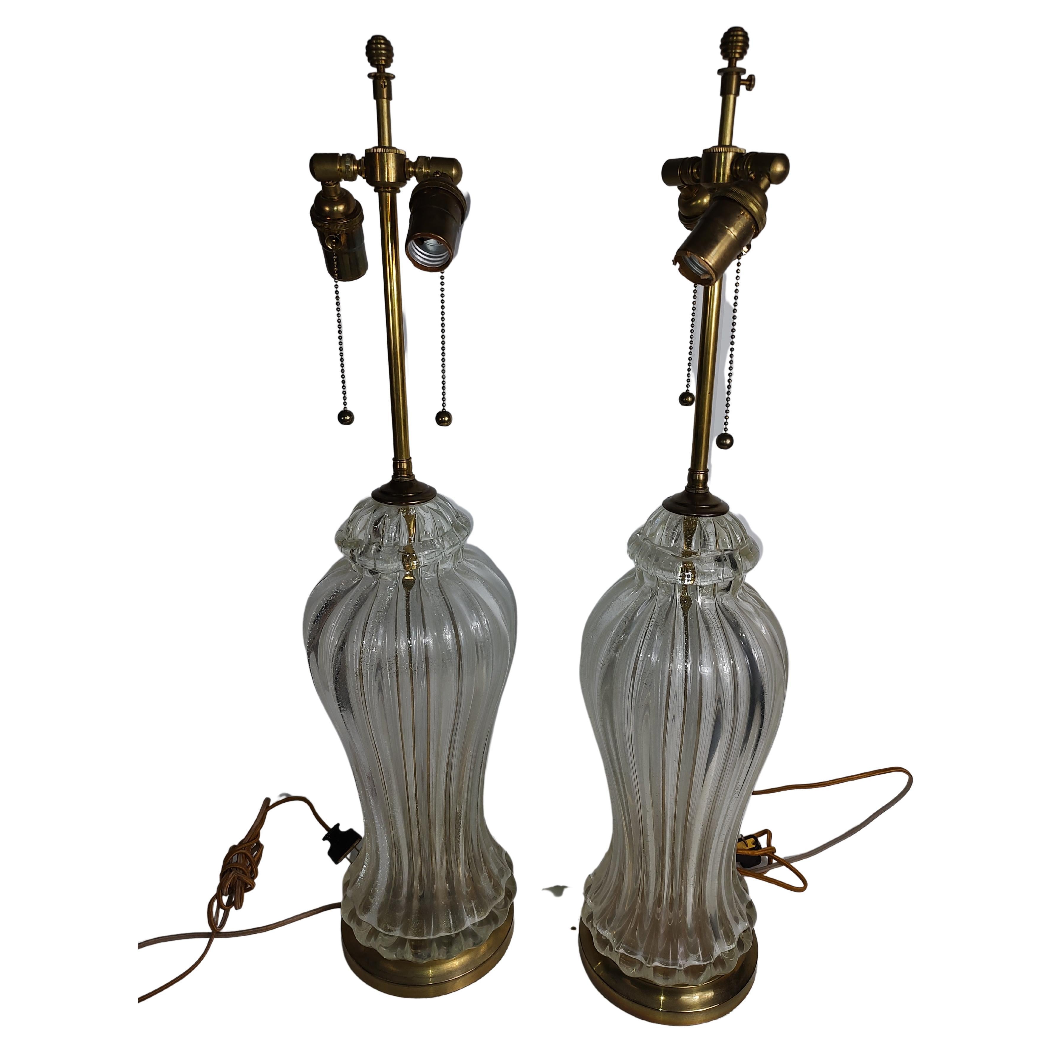 Pair of Mid-Century Modern Murano Ribbed Glass Table Lamps C1970 For Sale 1