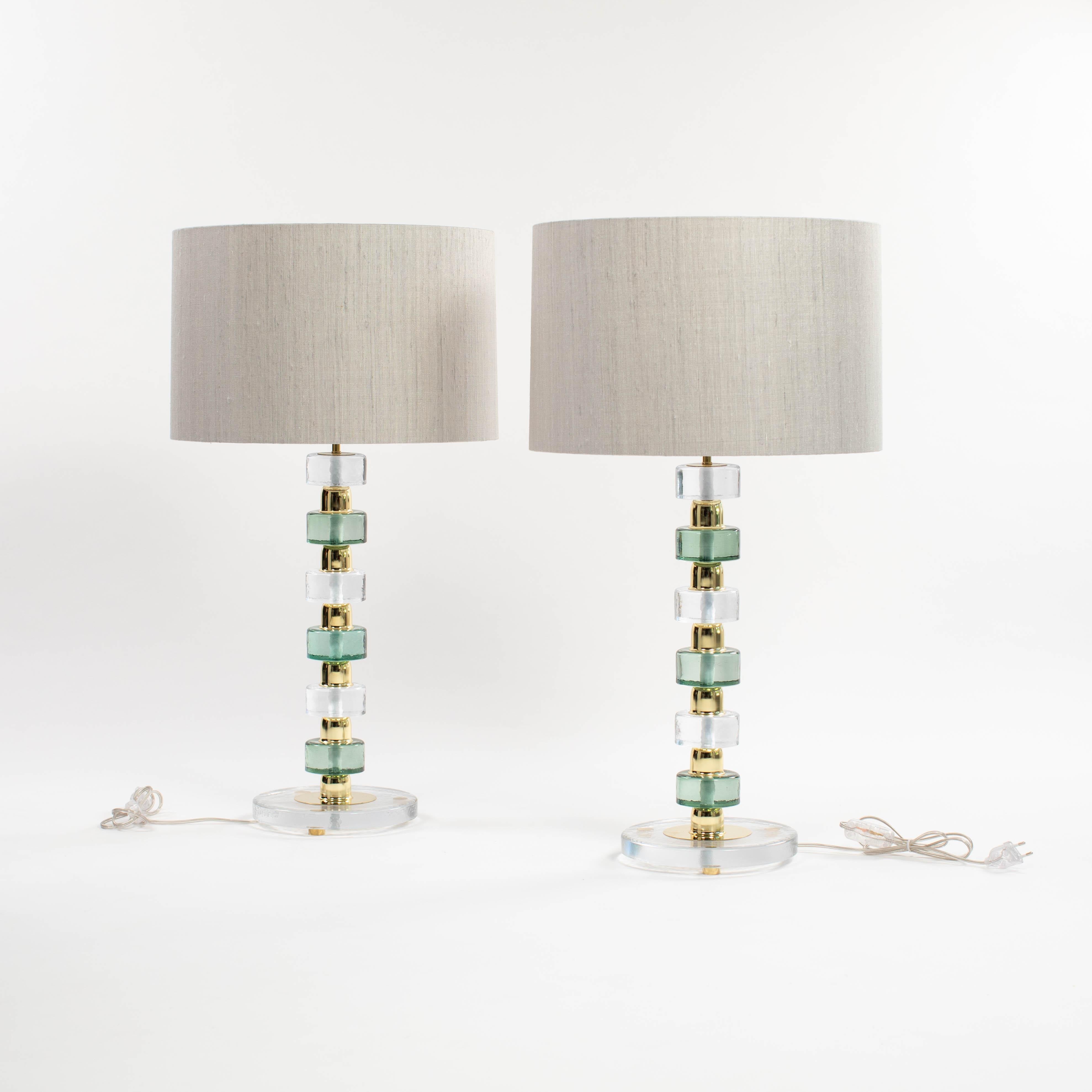 Hand-Crafted Pair of Mid-Century Modern Muranoglass table lamps Clear-Gold-Green Italy 1990s For Sale