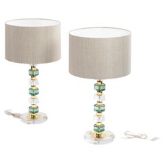 Retro Pair of Mid-Century Modern Muranoglass table lamps Clear-Gold-Green Italy 1900s
