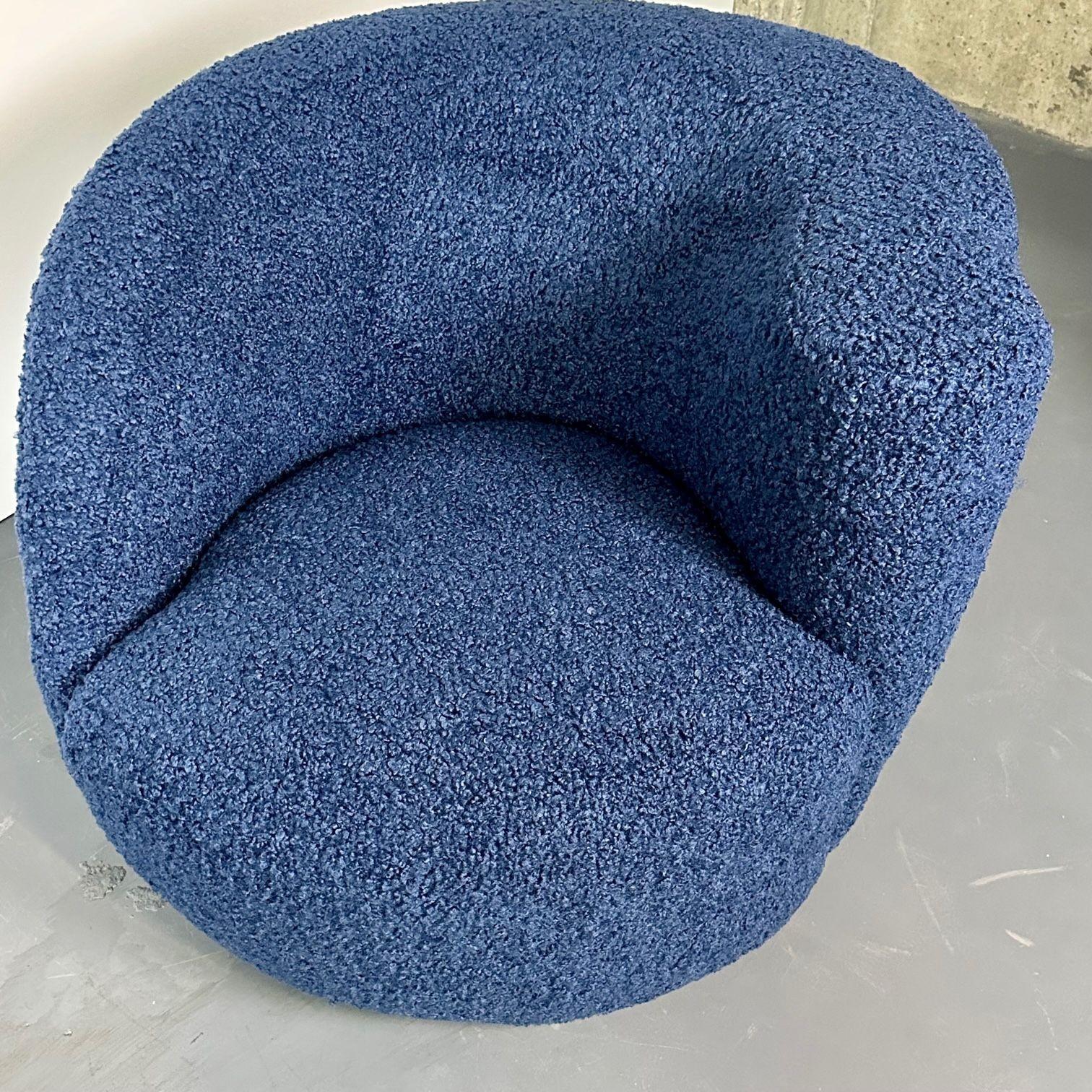 Pair of Mid-Century Modern Swivel / Lounge Chairs, Blue Faux Fur For Sale 4