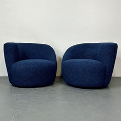 Pair of Mid-Century Modern Swivel / Lounge Chairs, Blue Faux Fur