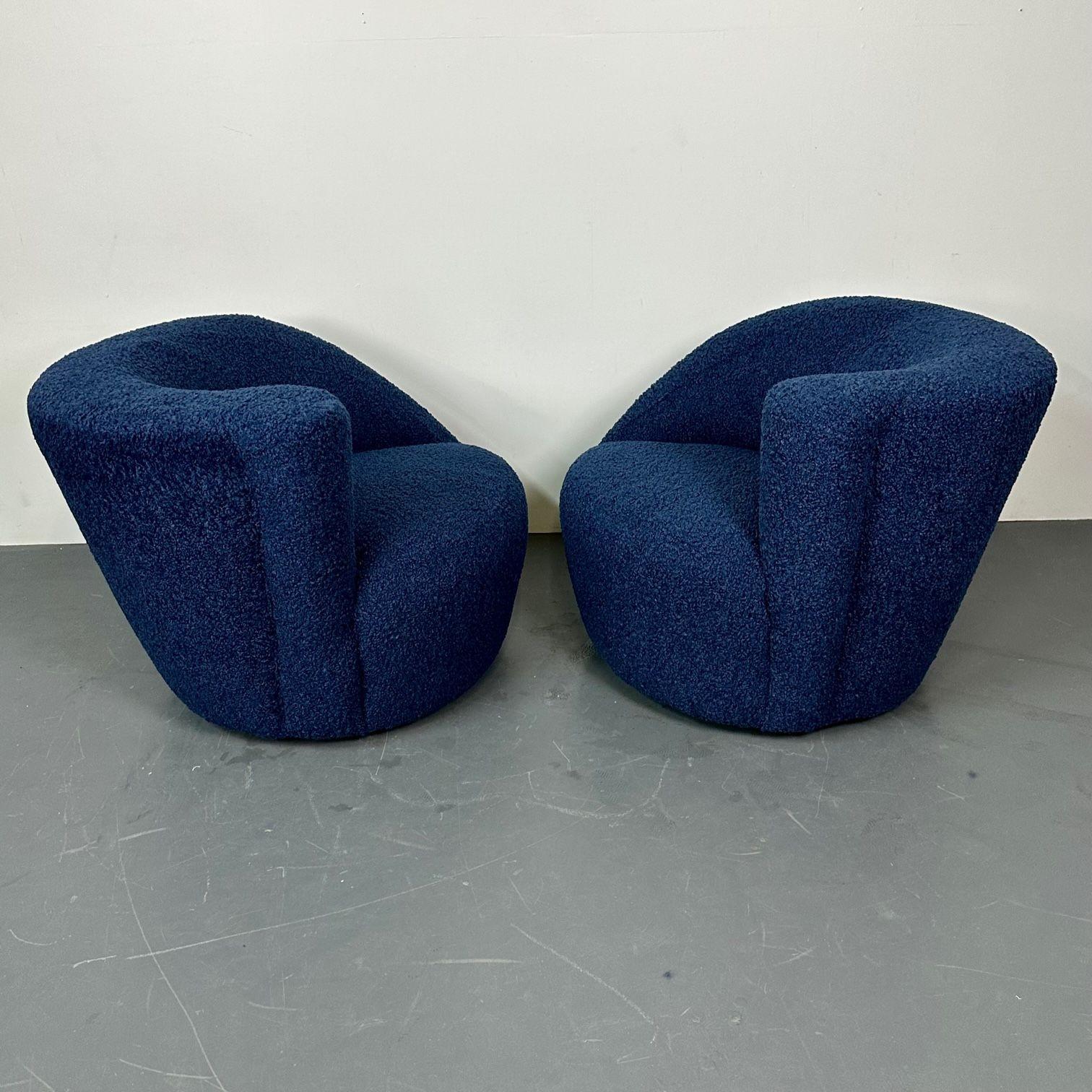 North American Pair of Mid-Century Modern Swivel / Lounge Chairs, Blue Faux Fur For Sale