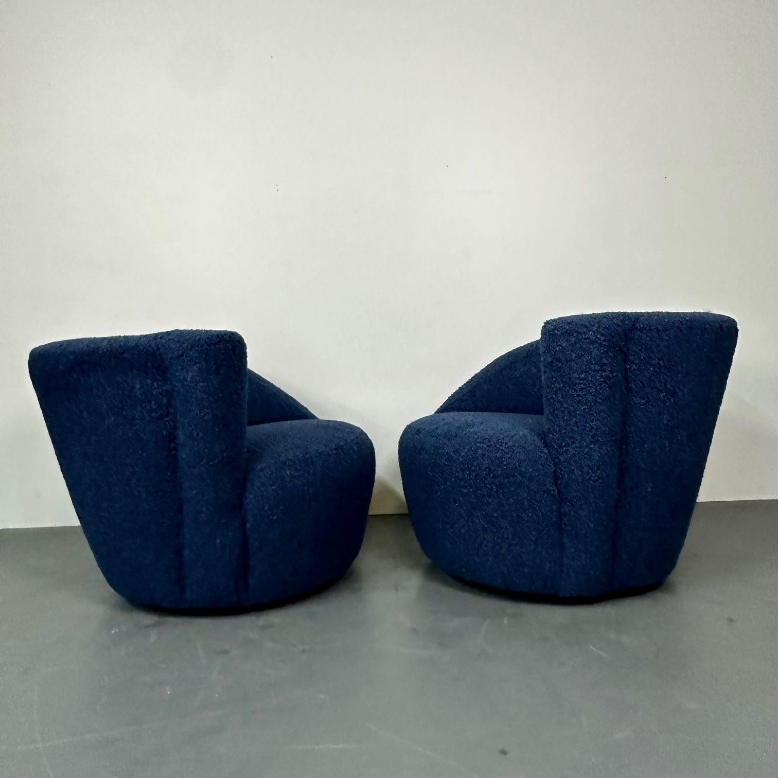 Pair of Mid-Century Modern Swivel / Lounge Chairs, Blue Faux Fur In Good Condition For Sale In Stamford, CT
