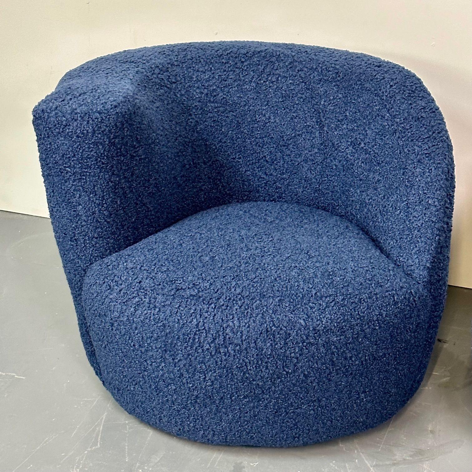 Late 20th Century Pair of Mid-Century Modern Swivel / Lounge Chairs, Blue Faux Fur For Sale