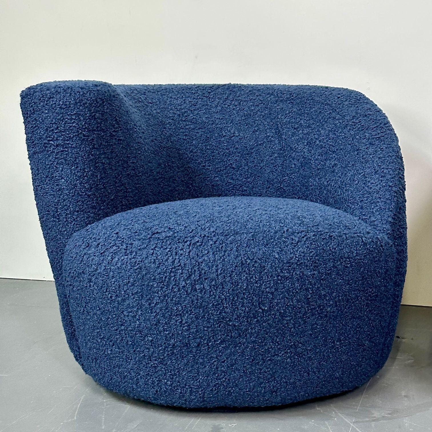 Bouclé Pair of Mid-Century Modern Swivel / Lounge Chairs, Blue Faux Fur For Sale