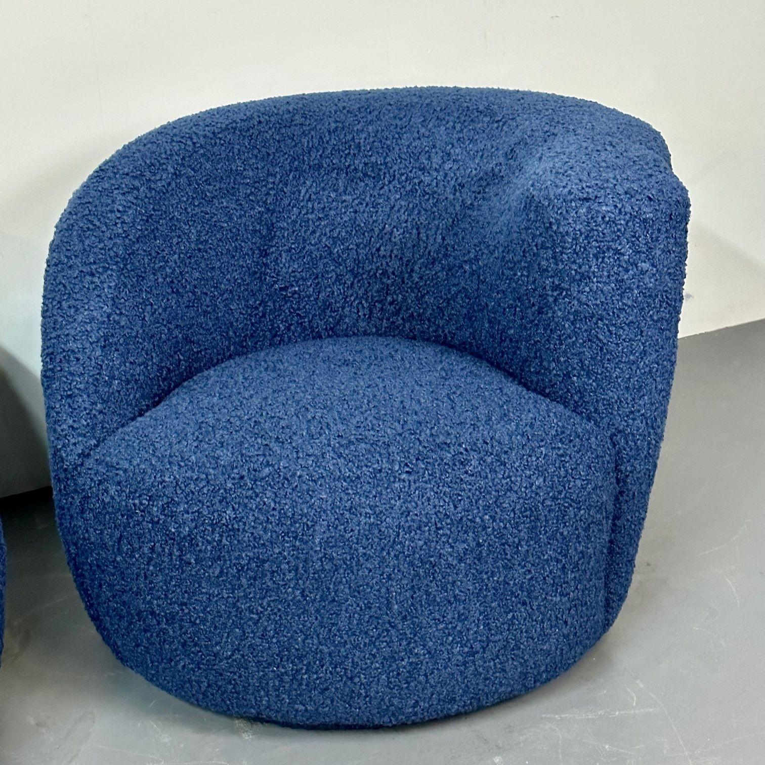 Pair of Mid-Century Modern Swivel / Lounge Chairs, Blue Faux Fur For Sale 1