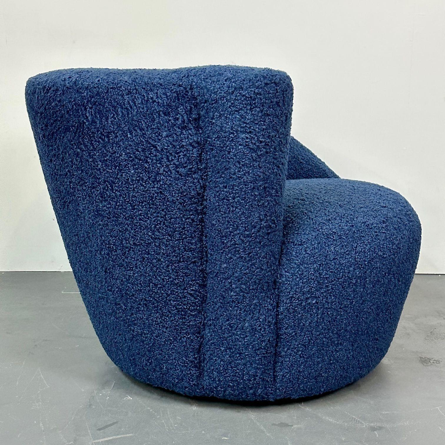 Pair of Mid-Century Modern Swivel / Lounge Chairs, Blue Faux Fur For Sale 2