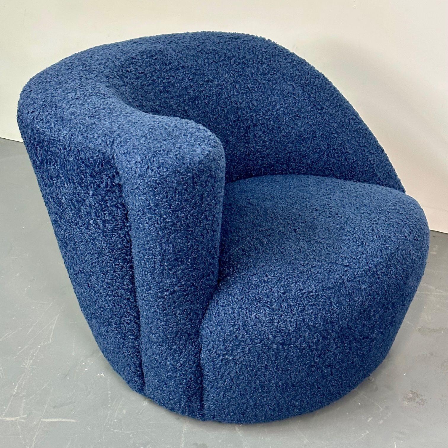 Pair of Mid-Century Modern Swivel / Lounge Chairs, Blue Faux Fur For Sale 3