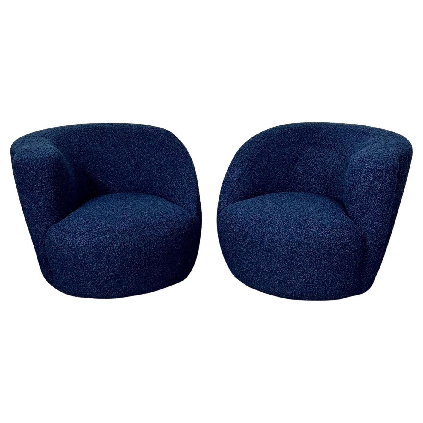 Pair of Mid-Century Modern Swivel / Lounge Chairs, Blue Faux Fur For Sale