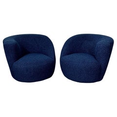 Retro Pair of Mid-Century Modern Nautilus Style Swivel / Lounge Chairs, Blue Faux Fur