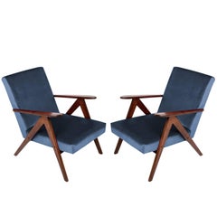 Vintage Pair of Mid-Century Modern Navy Blue Armchairs, 1960s