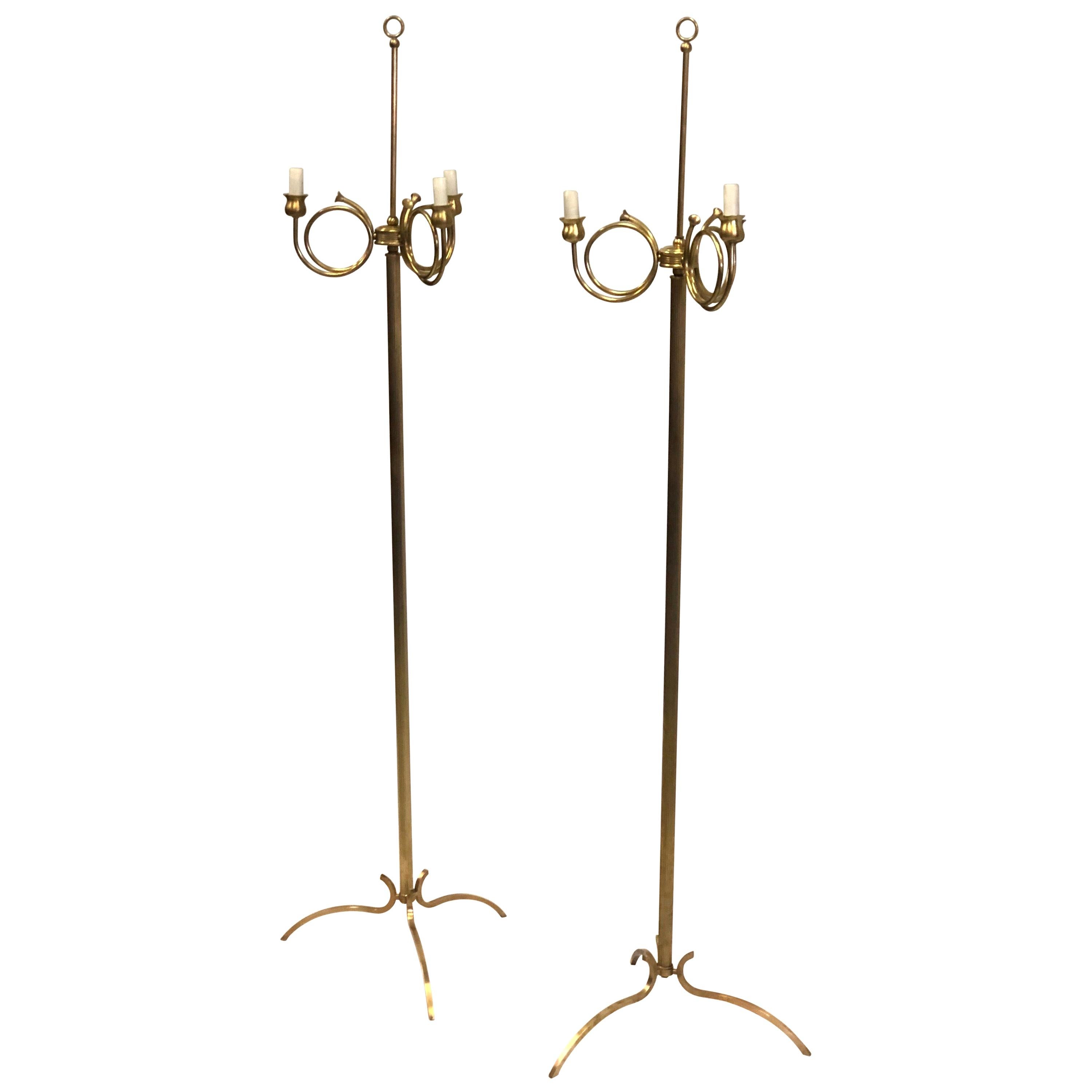 Pair of Mid-Century Modern Neoclassical Brass Floor Lamps by Maison Jansen For Sale
