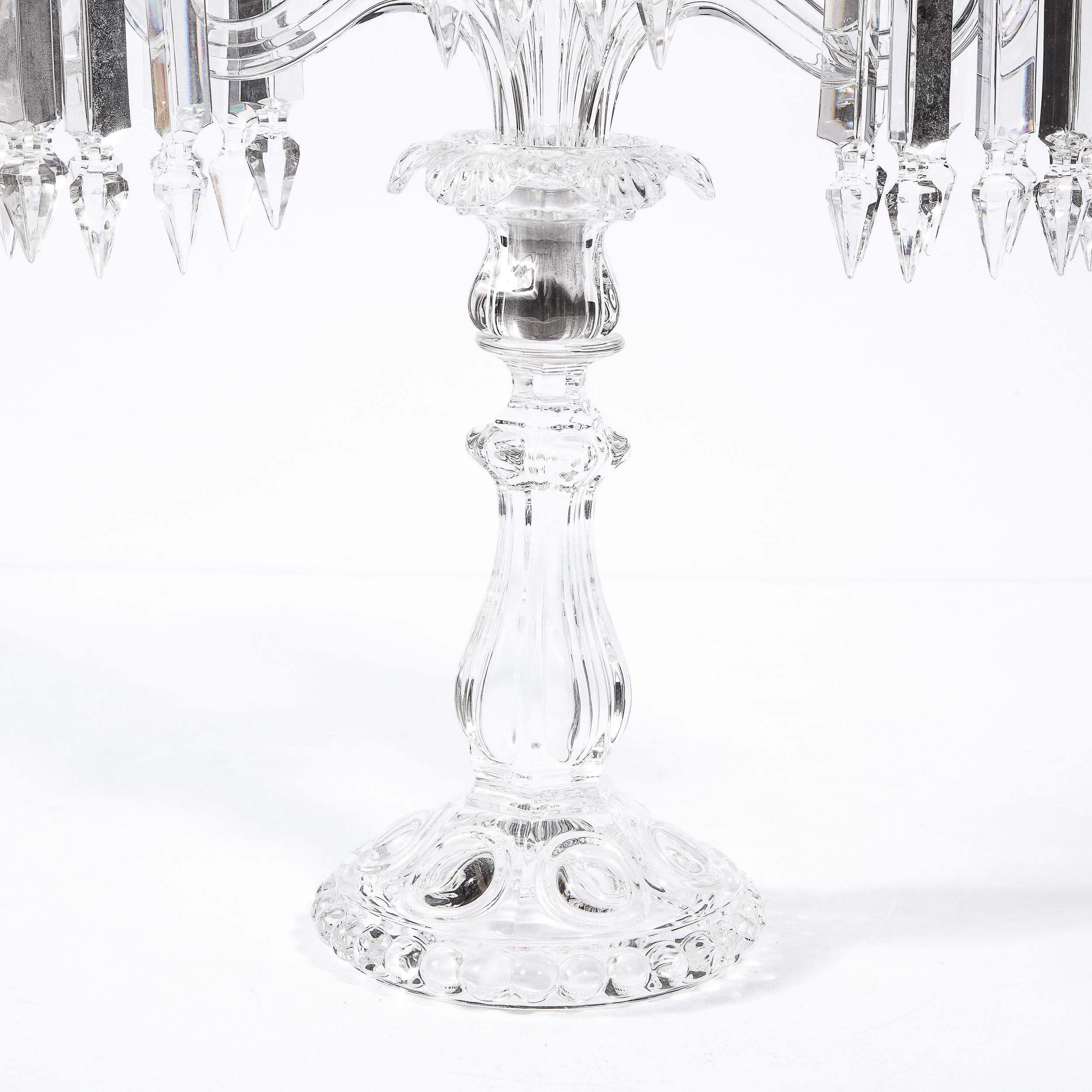 French Pair of Mid-Century Modern Neoclassical Glass Obelisk Candelabras by Baccarat