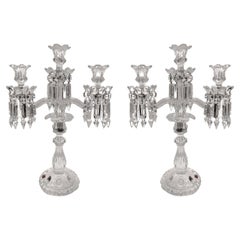 Vintage Pair of Mid-Century Modern Neoclassical Glass Obelisk Candelabras by Baccarat