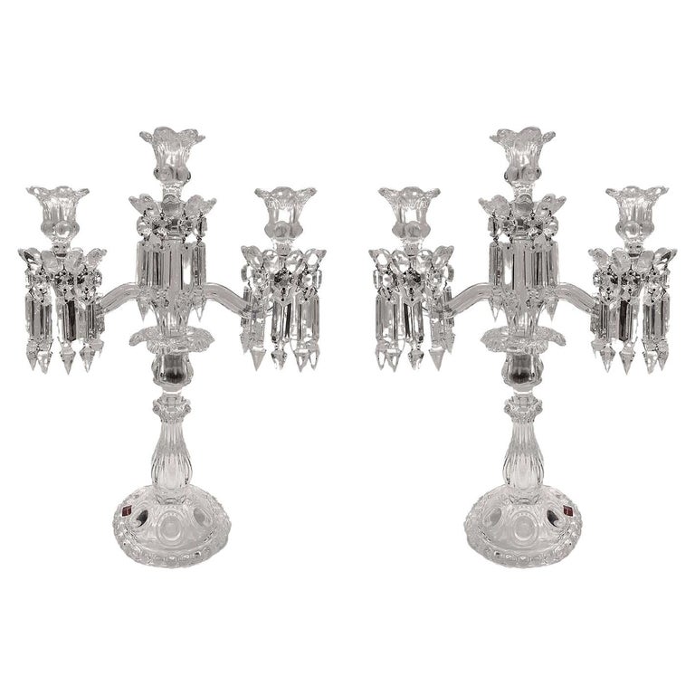 Pair of MidCentury Modern Neoclassical Glass Obelisk Candelabras by