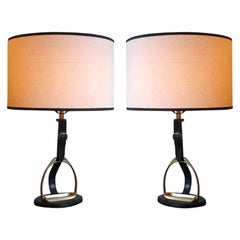 Pair Modern Neoclassical Stitched Leather & Brass Stirrup Table Lamps by Hermès