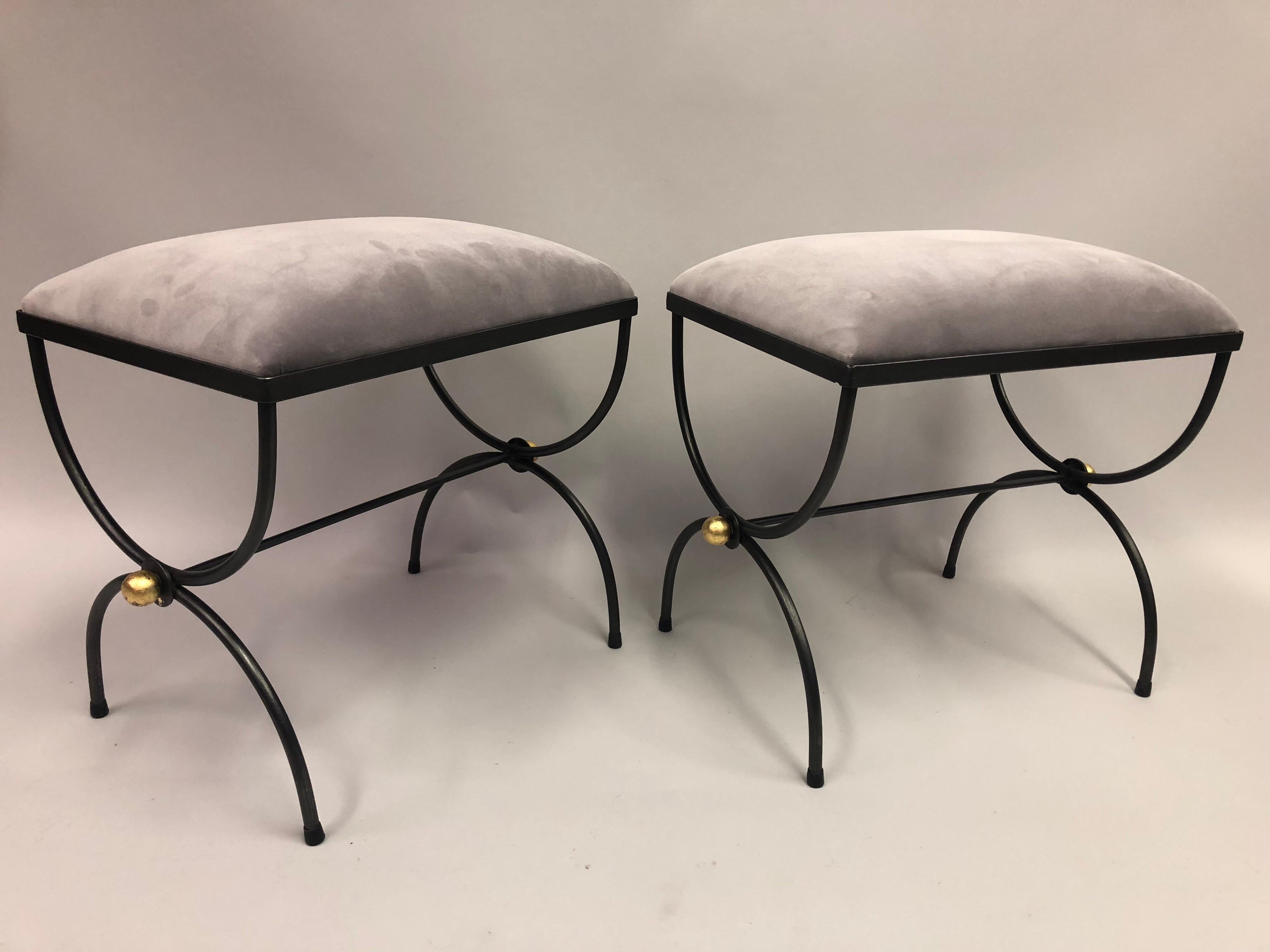 French Pair of Mid-Century Modern Neoclassical Wrought Iron and Gilt Benches or Stools For Sale