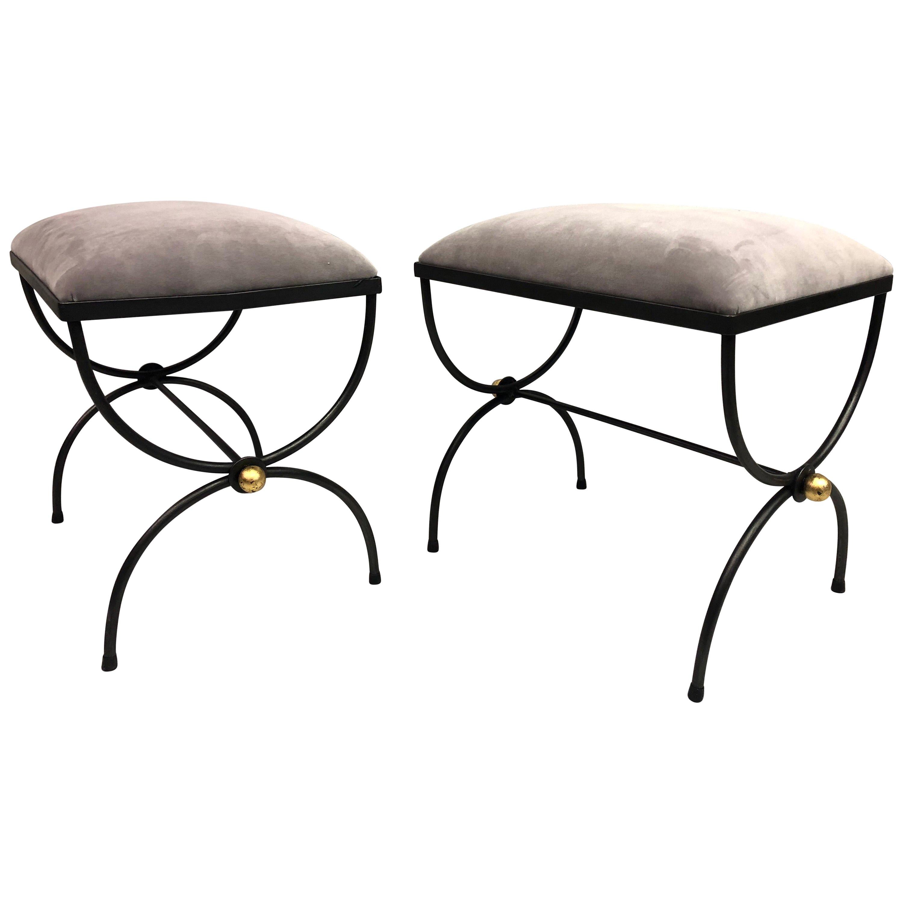 Pair of Mid-Century Modern Neoclassical Wrought Iron and Gilt Benches or Stools