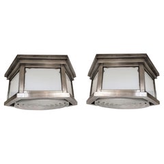 Pair of Mid Century Modern Nickeled Brass and White Glass Flush Mounts