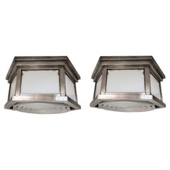 Pair of Mid Century Modern Nickeled Brass and White Glass Flush Mounts