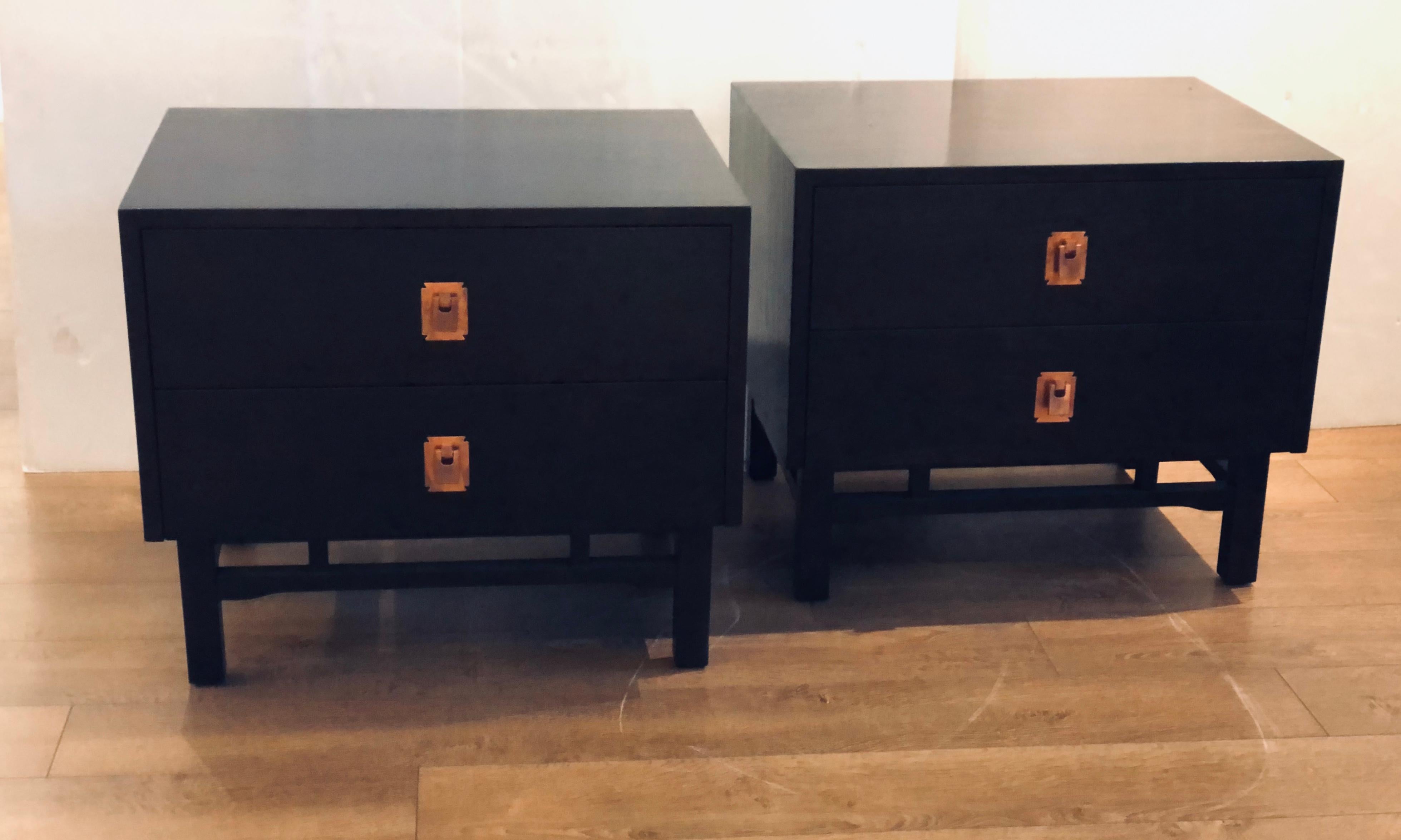 Great pair of rare nightstands design by California company Kalpe, circa 1970s, solid Mahogany frame in a dark chocolate finish with polished copper handles, minimalist look freshly refinished a very good looking set with deep drawers. Refinished in