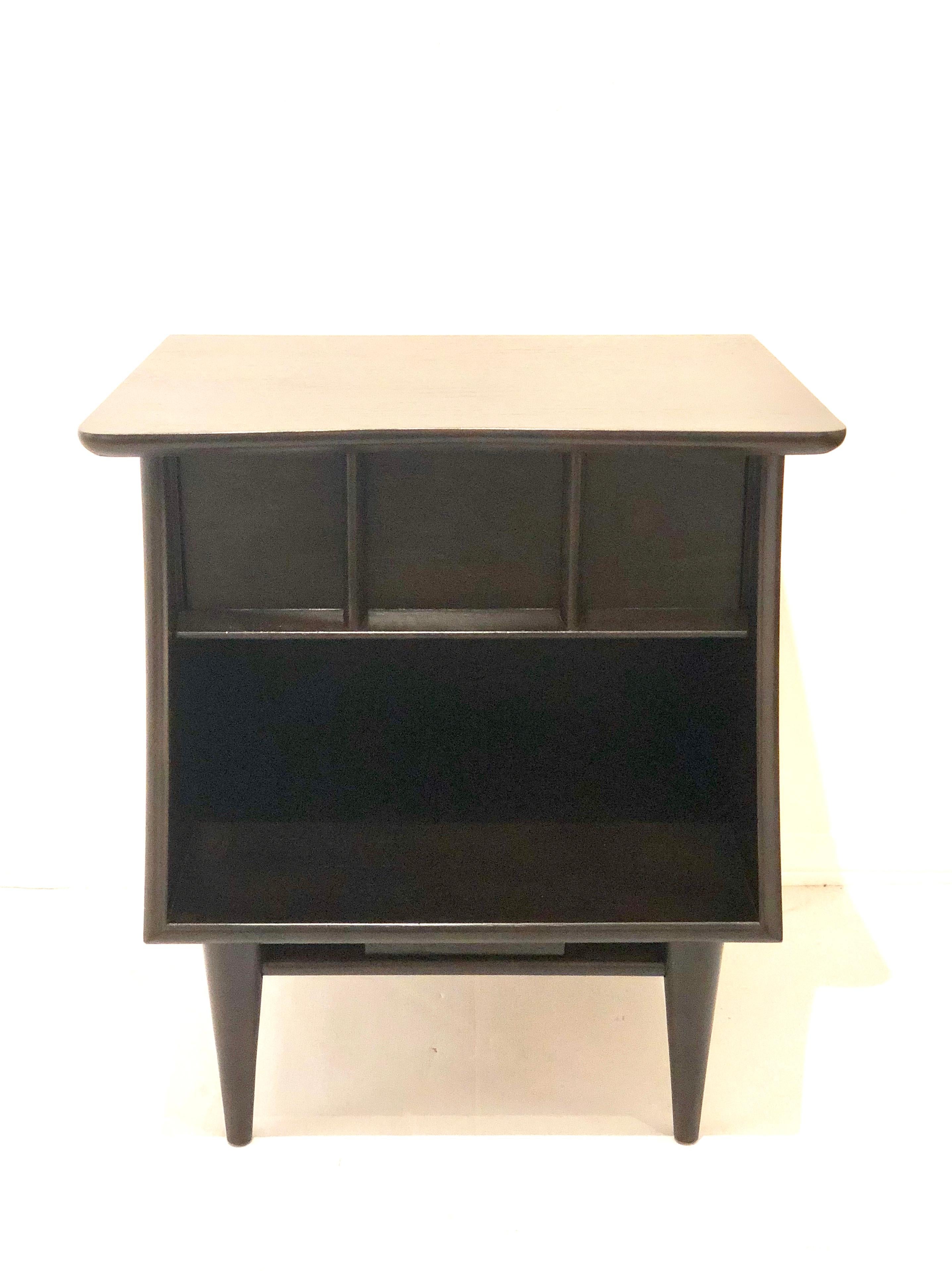 Nice pair of freshly refinished nightstands by Kent Coffey, nice shape Classic midcentury design in a dark chocolate finish. Single drawer solid and sturdy.