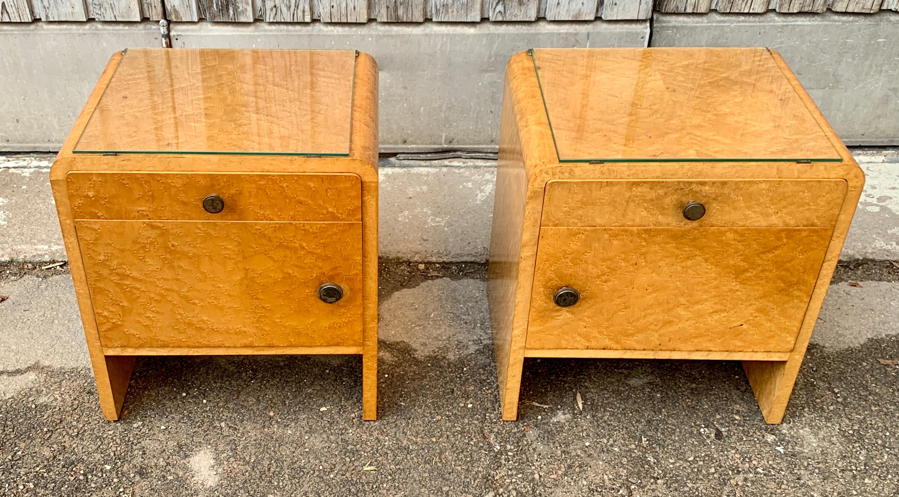 Glass Pair of Mid-Century Modern Nightstands in Birch Burlwood, Sweden