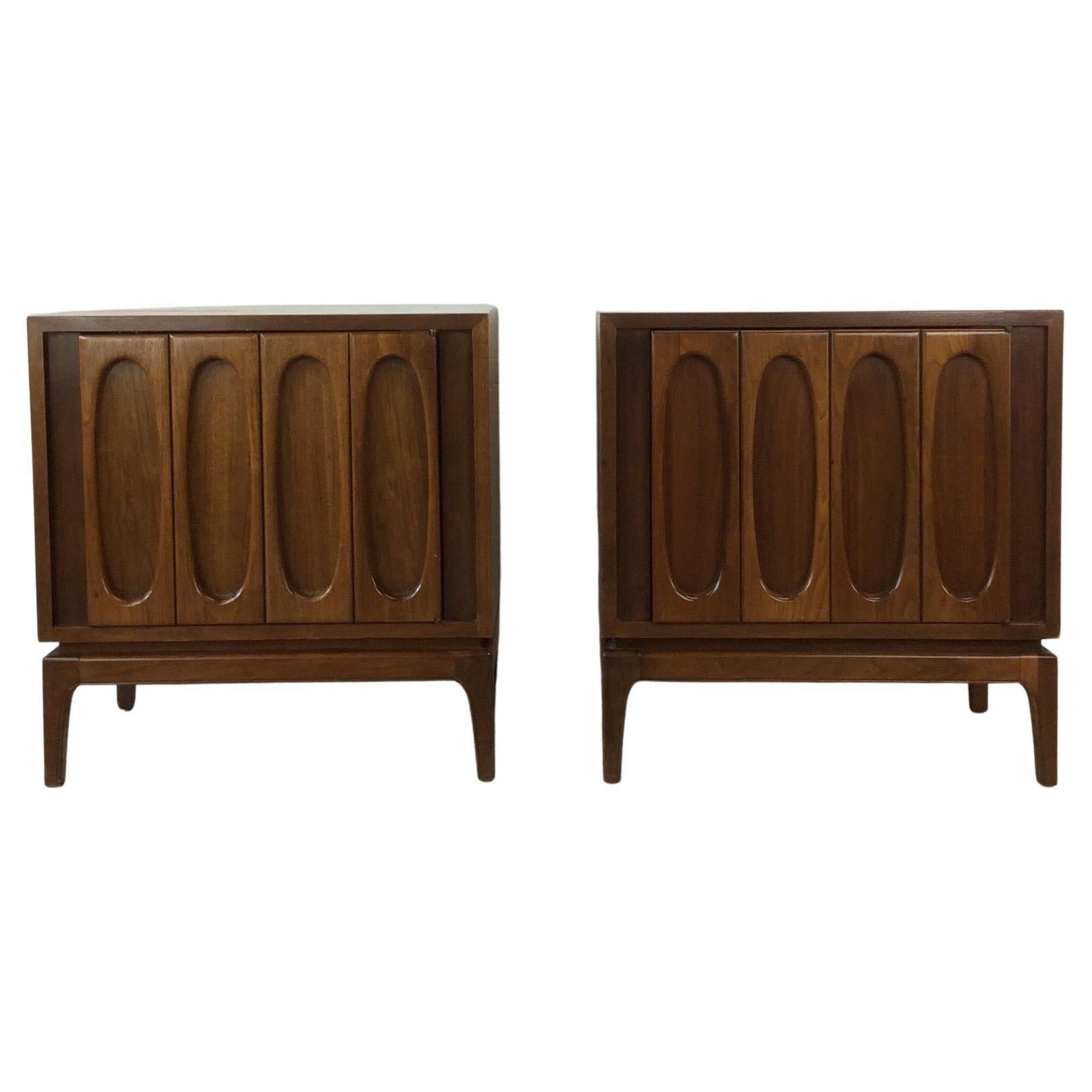 Pair of Mid Century Modern Nightstands with Cabinet & Shelf