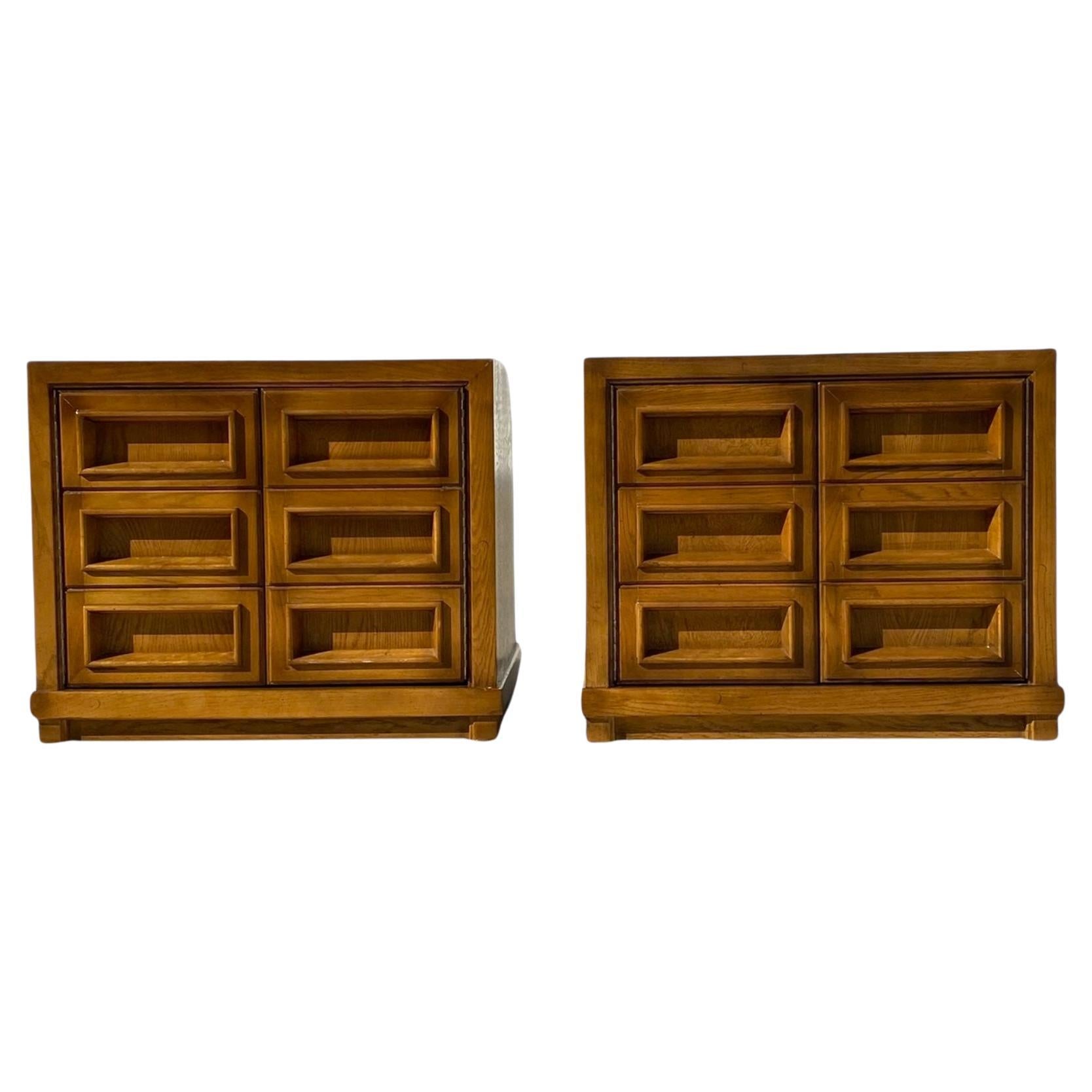 Pair of Mid-Century Modern Oak Nightstands with Paneled Drawer Fronts