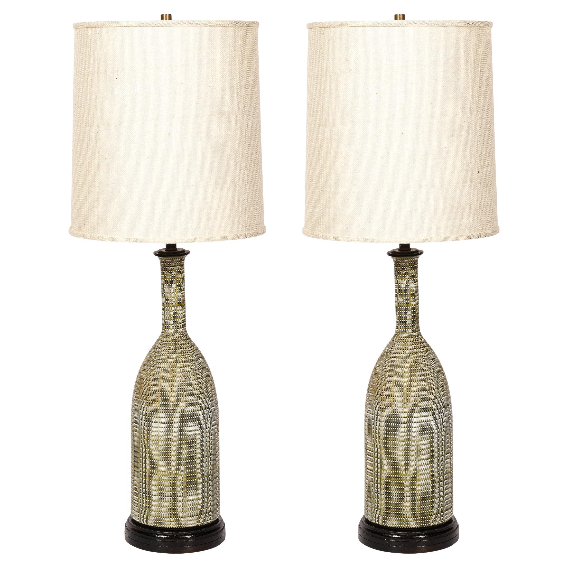 Pair of Mid-Century Modern Olive Green Glazed Ceramic Table Lamps
