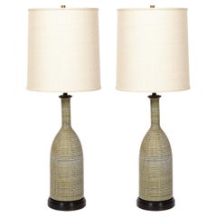 Pair of Mid-Century Modern Olive Green Glazed Ceramic Table Lamps