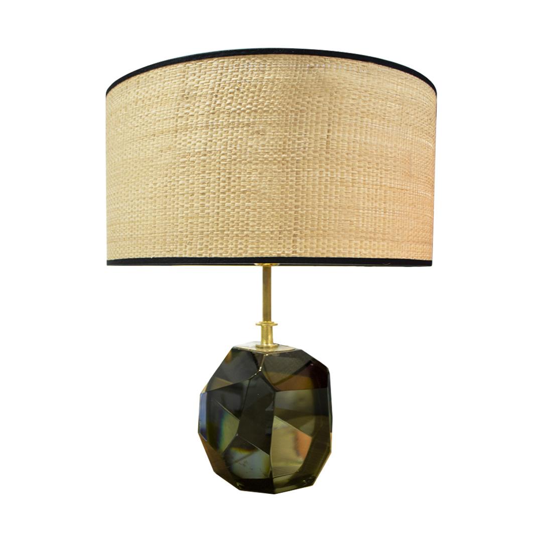 Pair of handmade table lamps made of semi-translucent olive green Murano faceted glass and brass stem. The lamp comes with a handcrafted natural fabric lampshade.