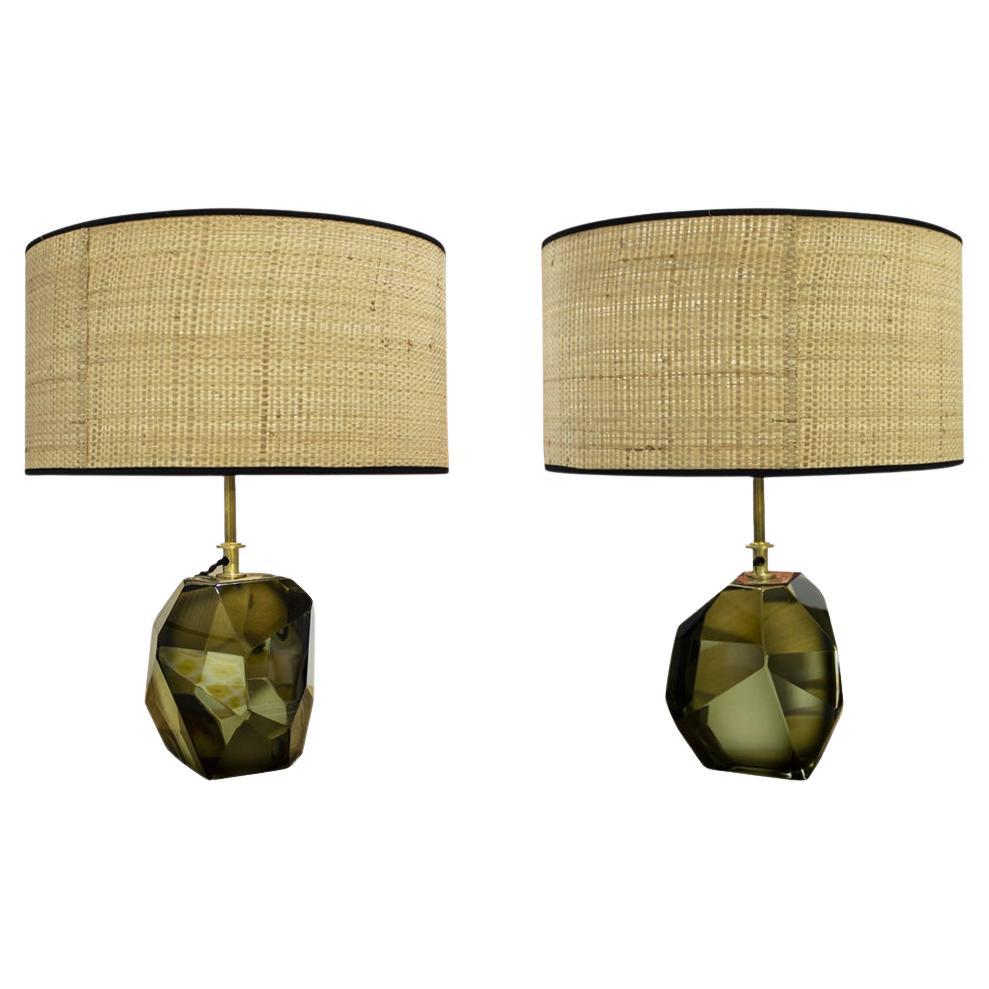 Pair of Mid-Century Modern Olive Green Murano Table Lamps, Italy, 1950 For Sale