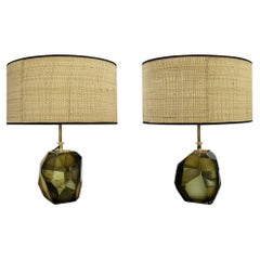 Pair of Mid-Century Modern Olive Green Murano Table Lamps, Italy, 1950