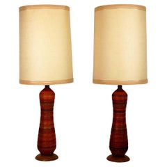 Pair of Mid Century Modern Orange Striped Ceramic Lamps