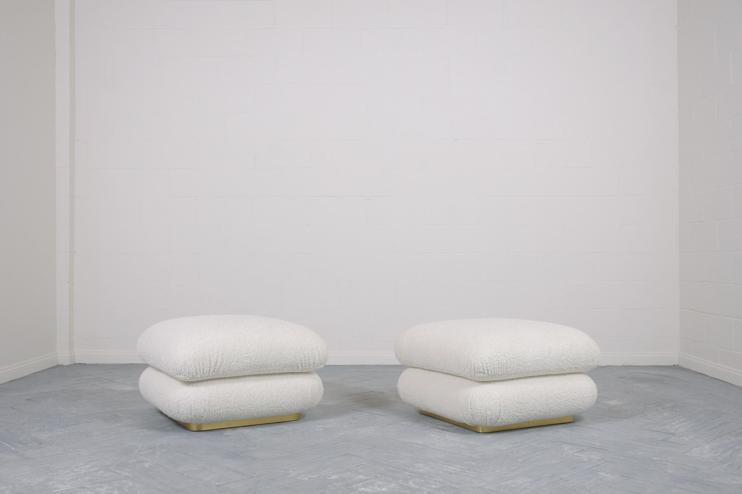 An extraordinary pair of mid-1970s poufs or ottomans beautifully crafted out of wood in great condition professionally restored and upholstered by our craftsmen team. These fabulous poufs consist of two comfortable cushions connected together