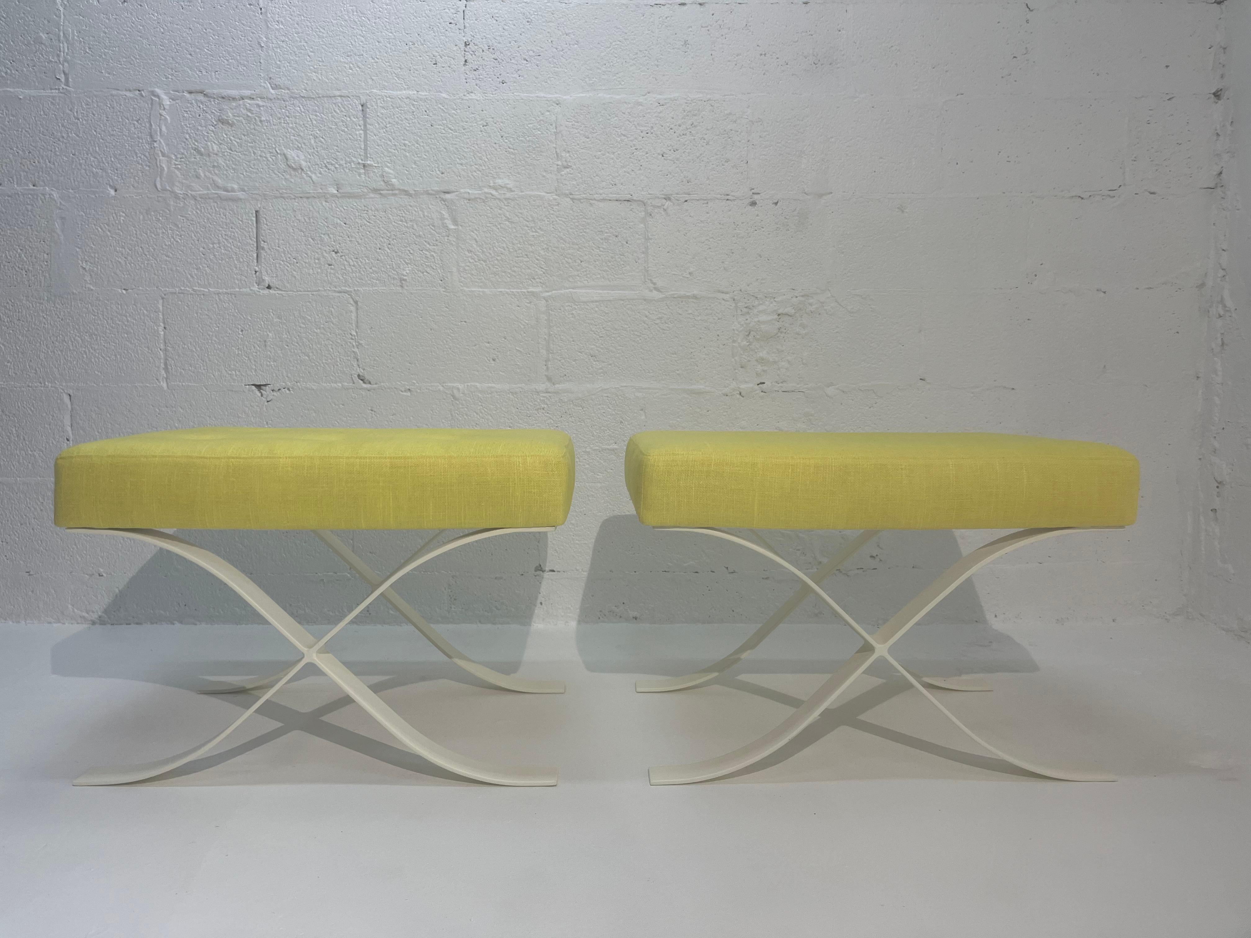 Pair of Mid Century Modern Ottomans, Stools, Cream, Yellow For Sale 7