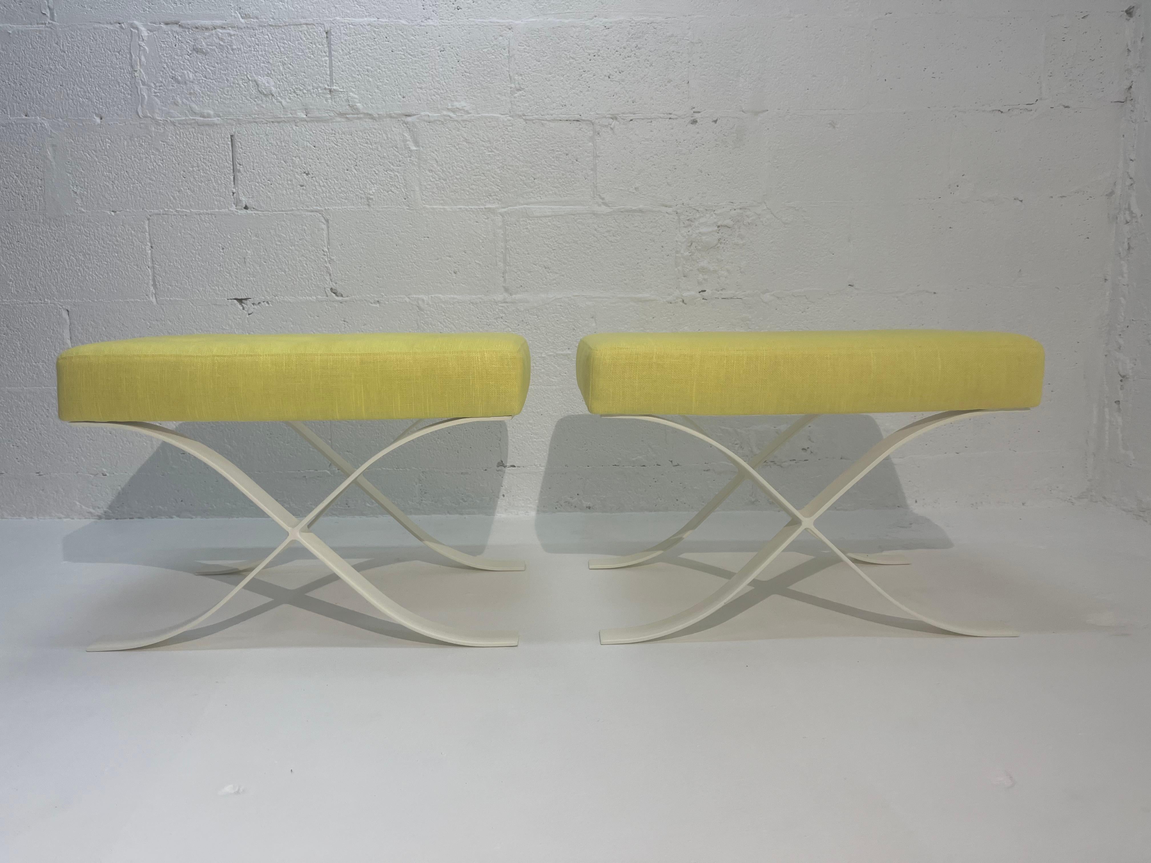 Pair of Mid Century Modern Ottomans, Stools, Cream, Yellow For Sale 8