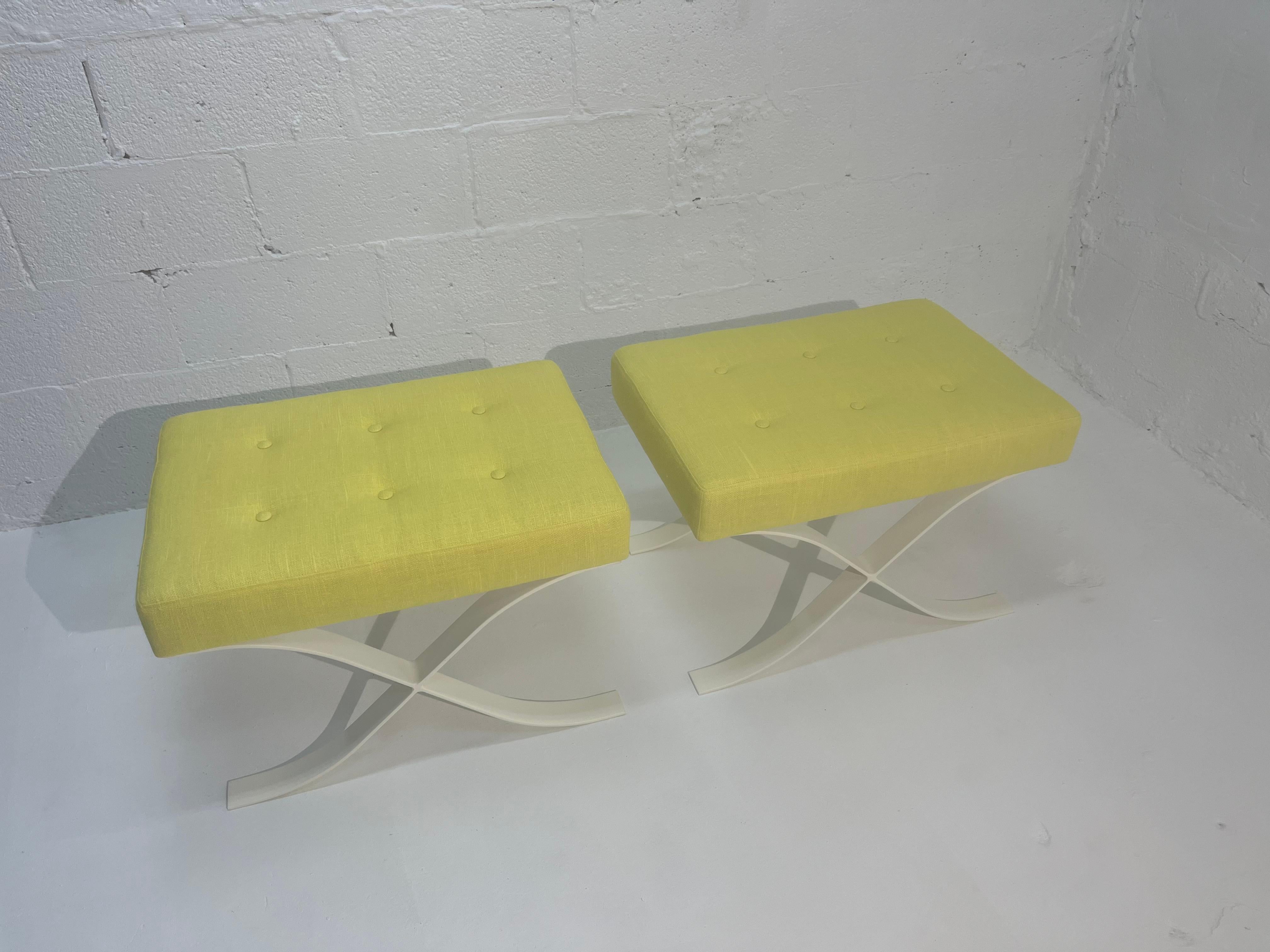 Pair of Mid Century Modern Ottomans, Stools, Cream, Yellow For Sale 9