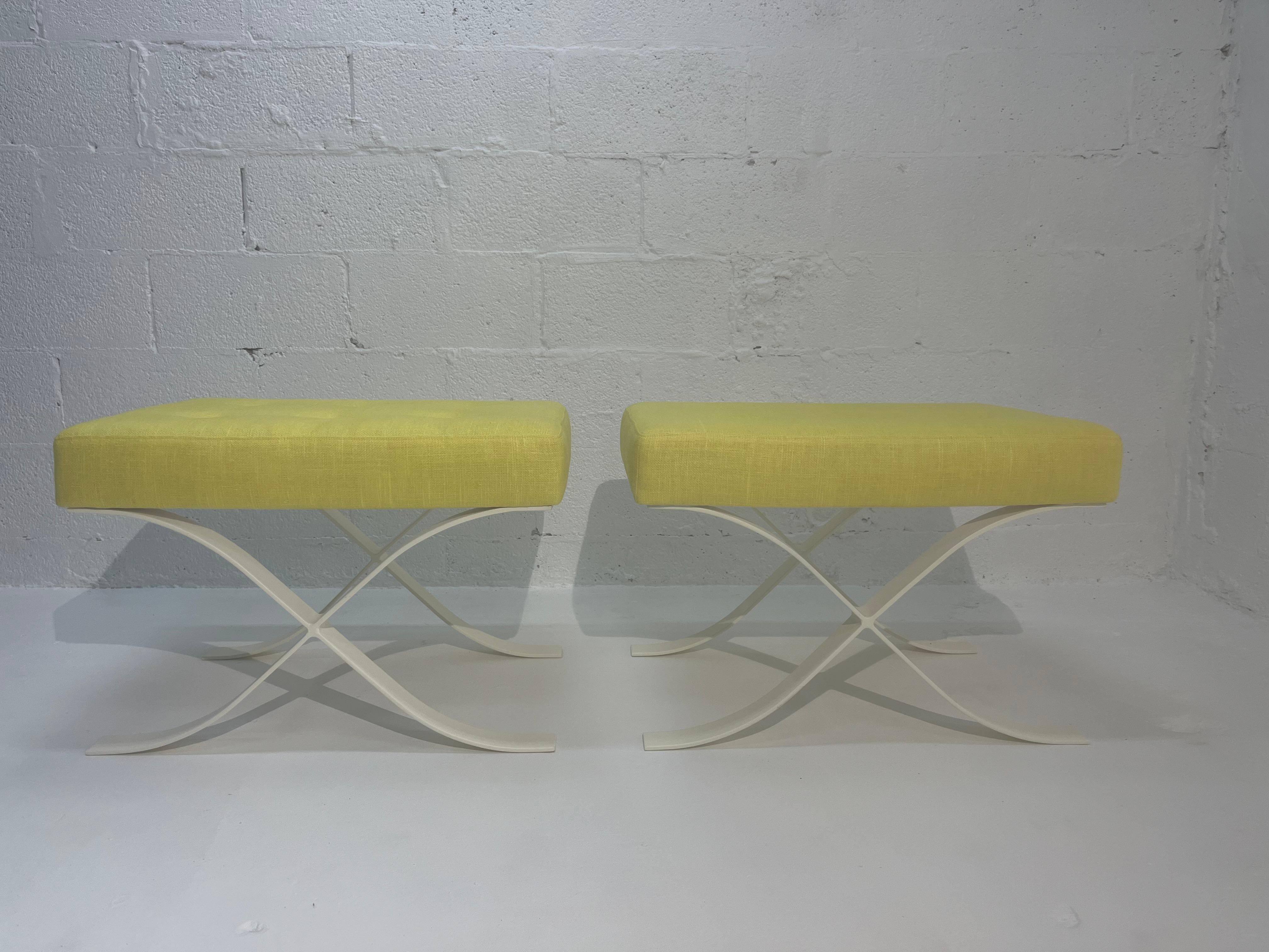 Pair of Mid Century Modern Ottomans, Stools, Cream, Yellow For Sale 10