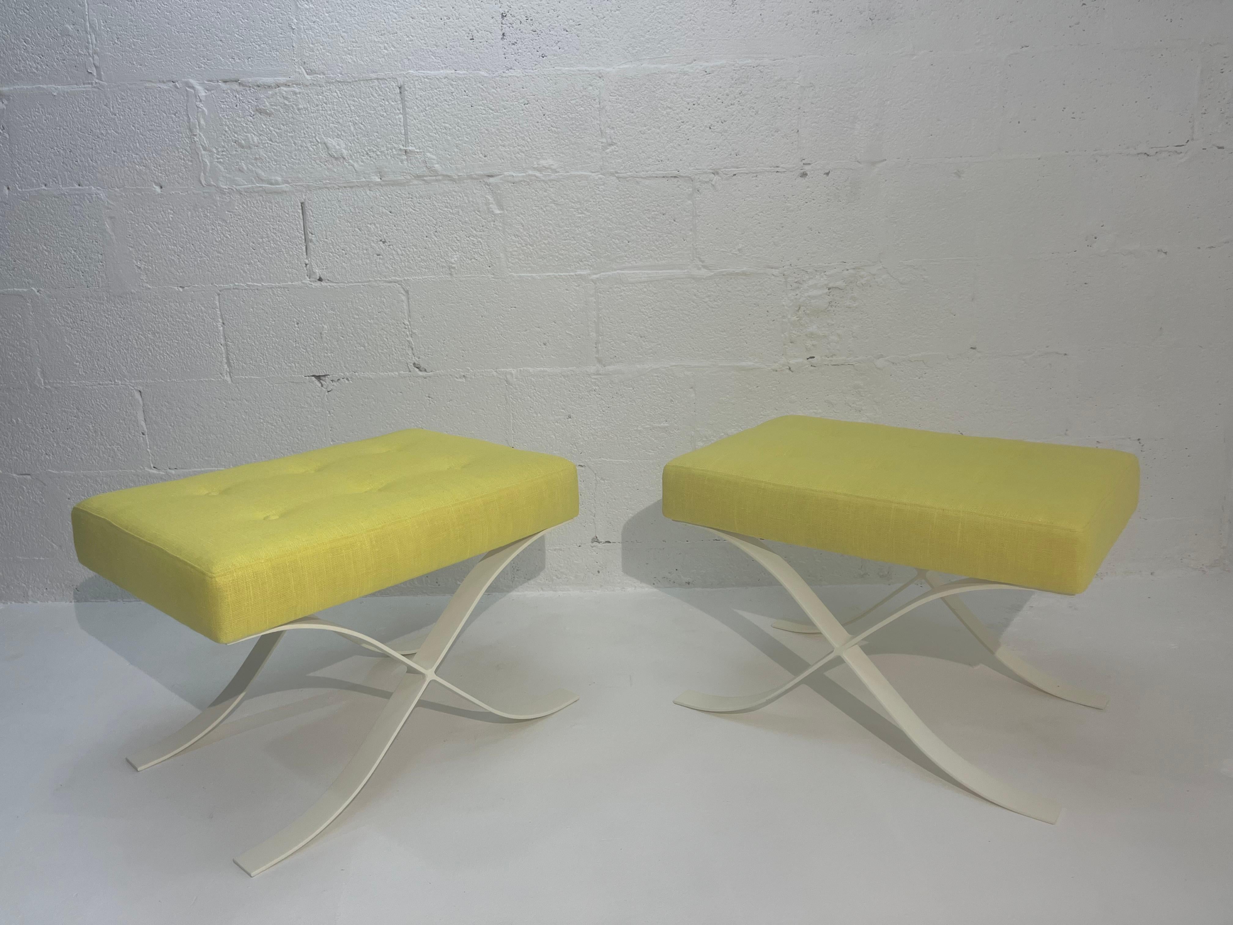 Pair of Mid Century Modern Ottomans, Stools, Cream, Yellow For Sale 13