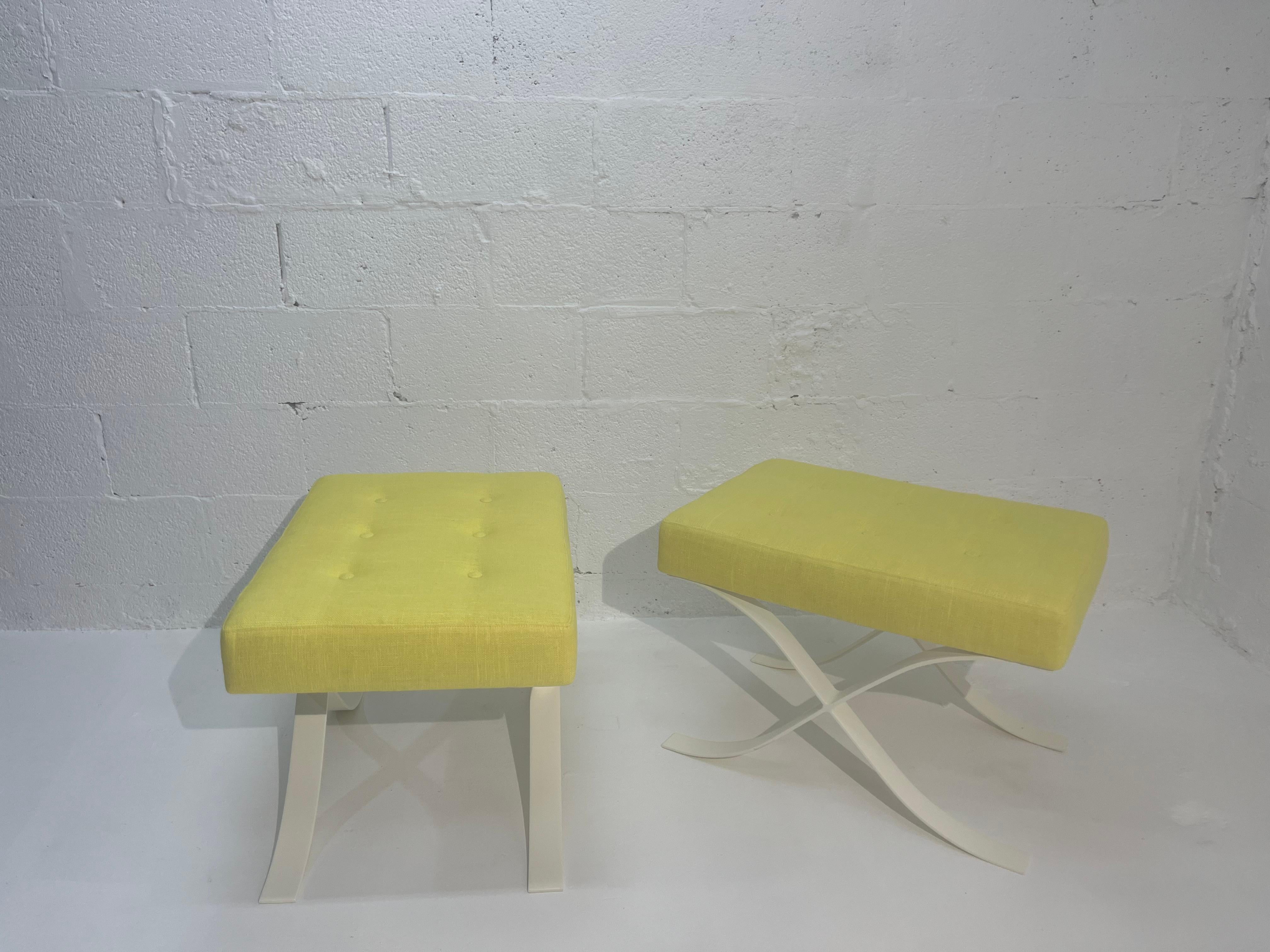 Late 20th Century Pair of Mid Century Modern Ottomans, Stools, Cream, Yellow For Sale