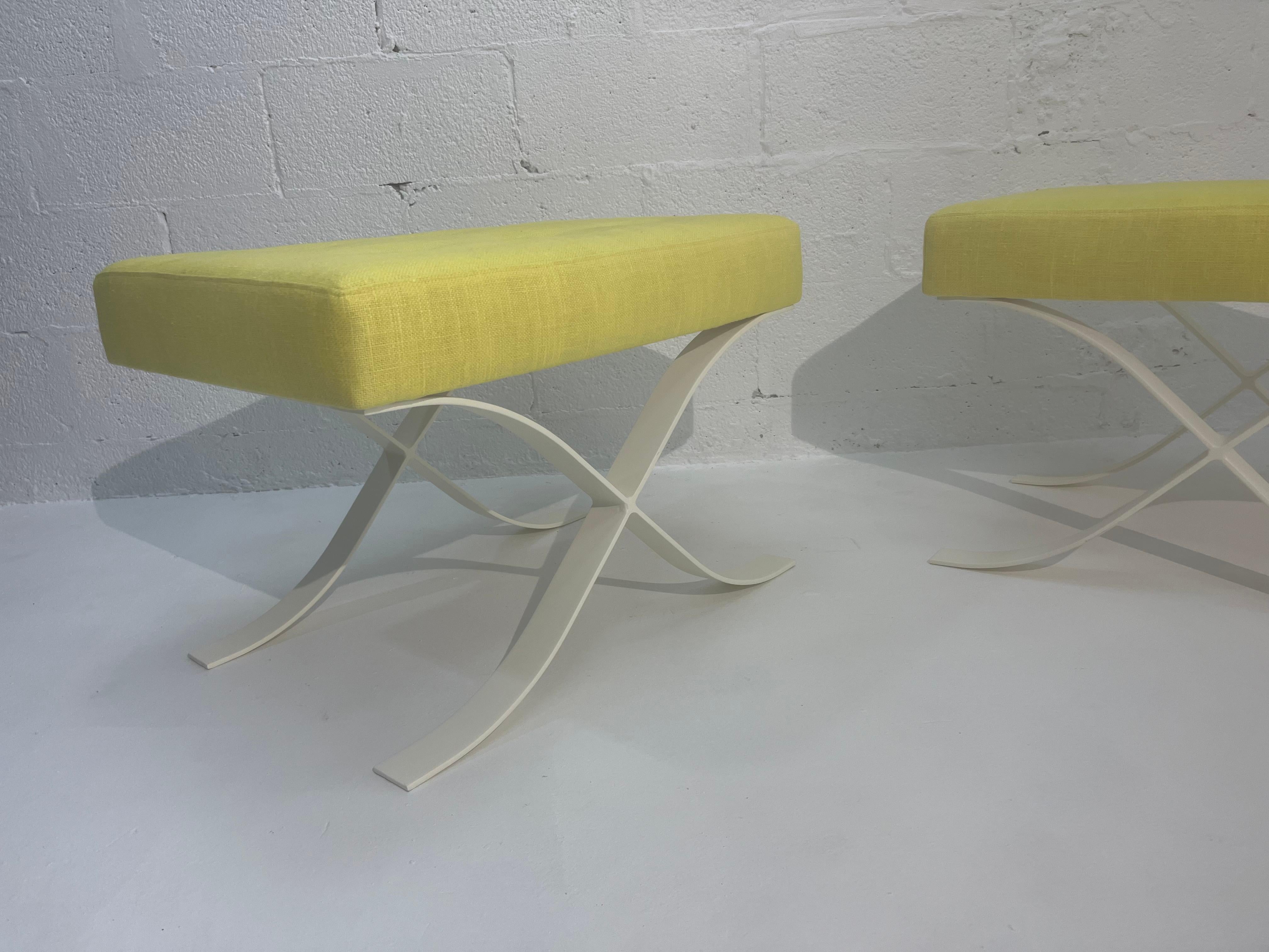Steel Pair of Mid Century Modern Ottomans, Stools, Cream, Yellow For Sale