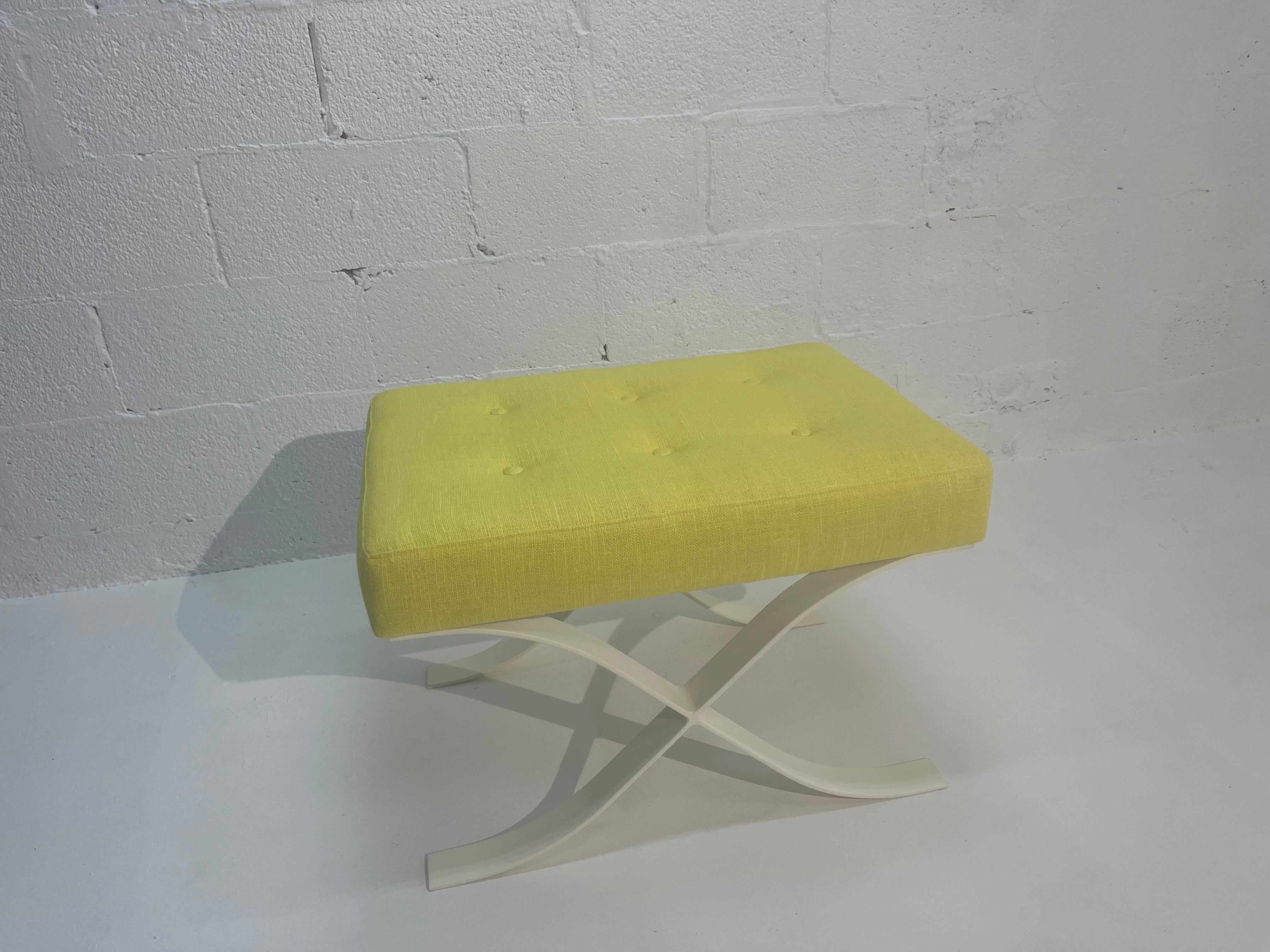 Pair of Mid Century Modern Ottomans, Stools, Cream, Yellow For Sale 1