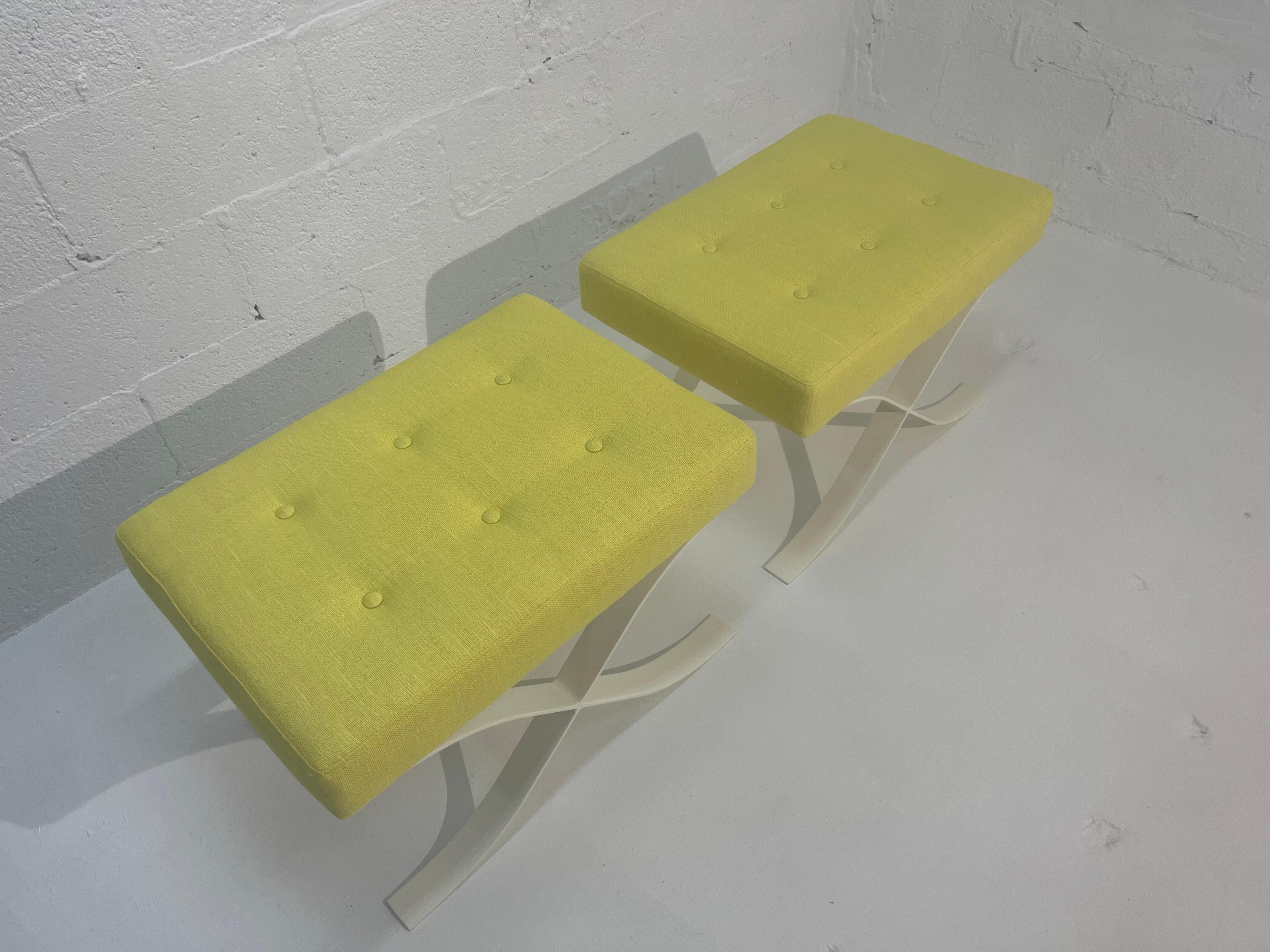 Pair of Mid Century Modern Ottomans, Stools, Cream, Yellow For Sale 2